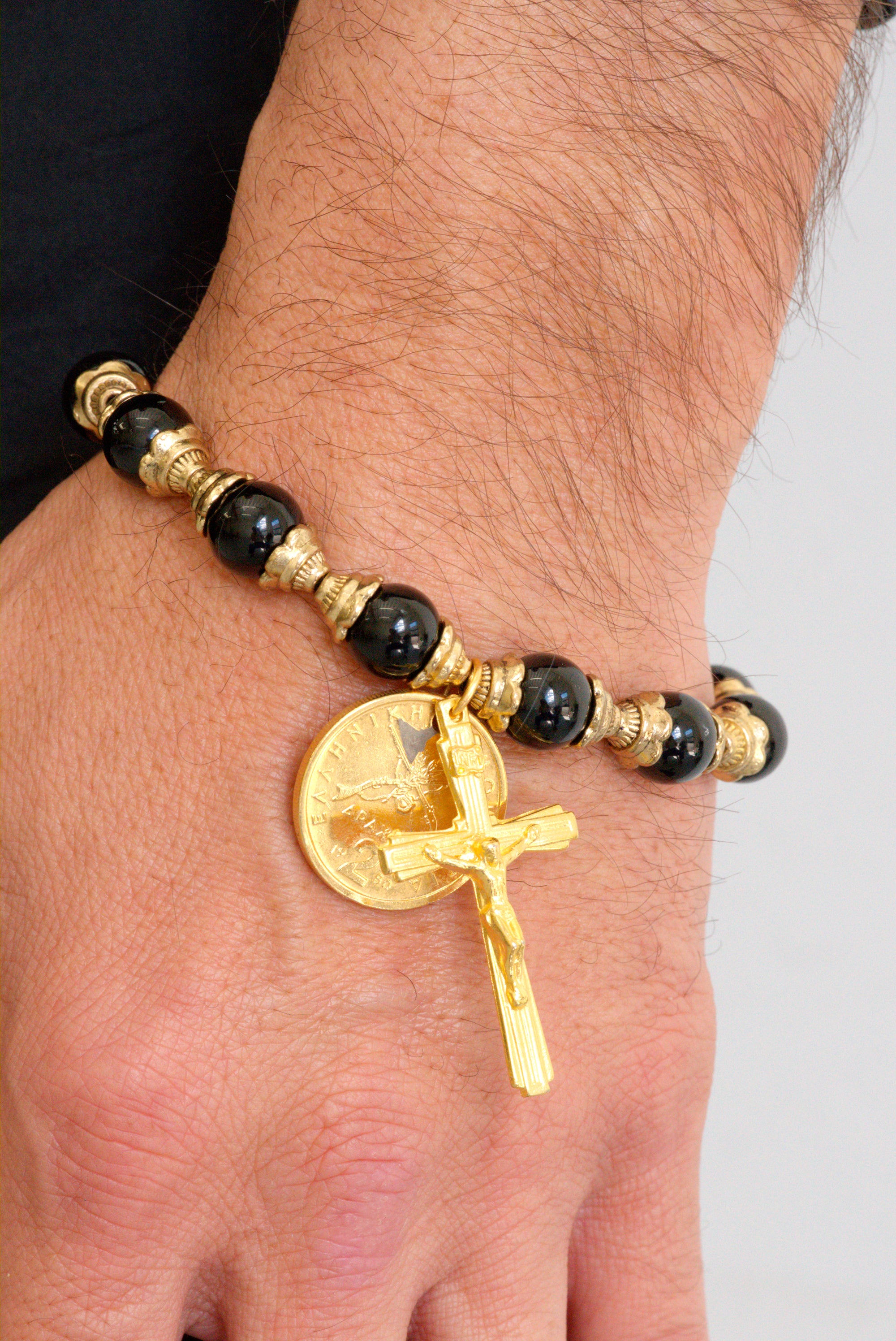 Black onyx and gold coin and crucifix bracelet by Jenny Dayco 6