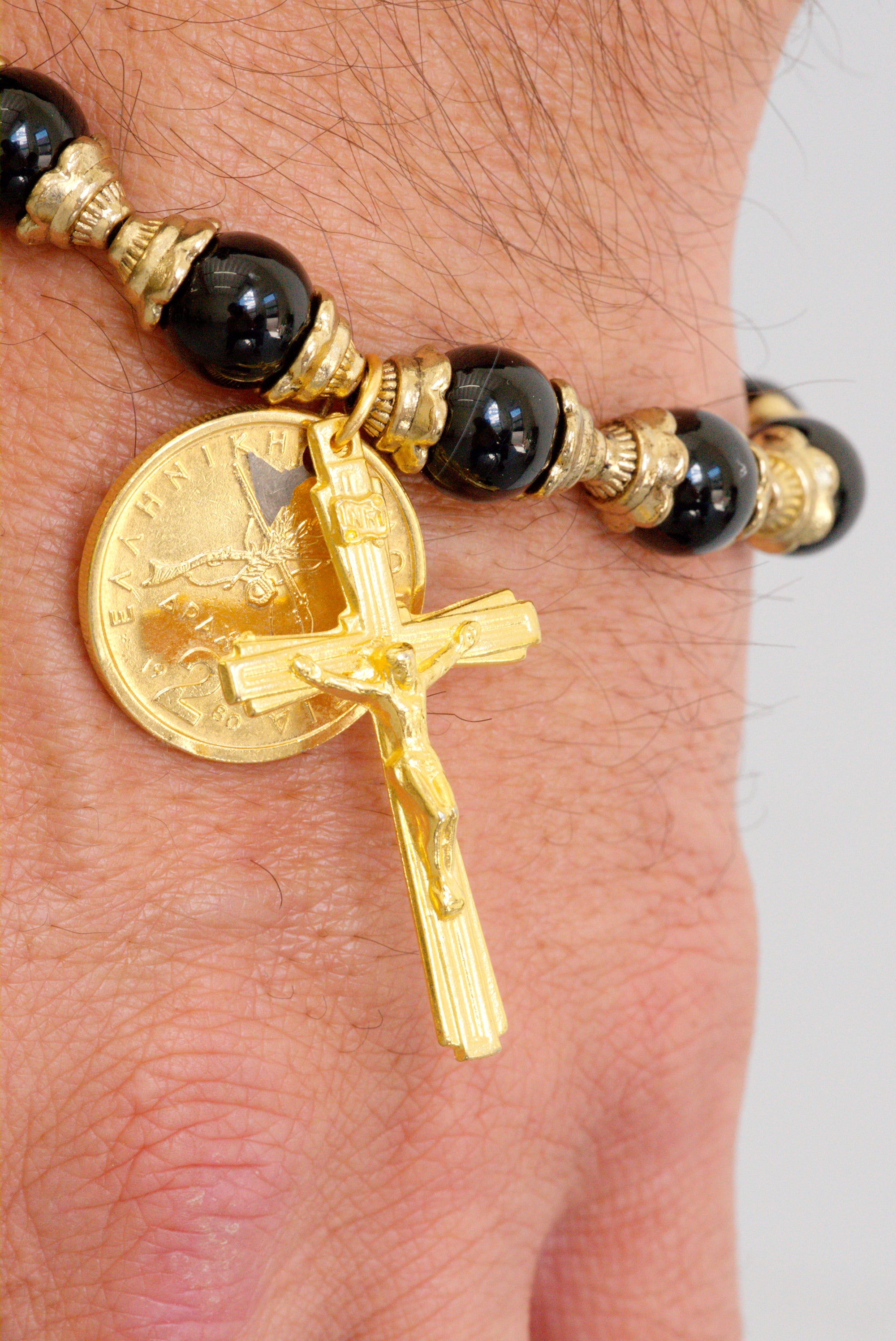 Black onyx and gold coin and crucifix bracelet by Jenny Dayco 7