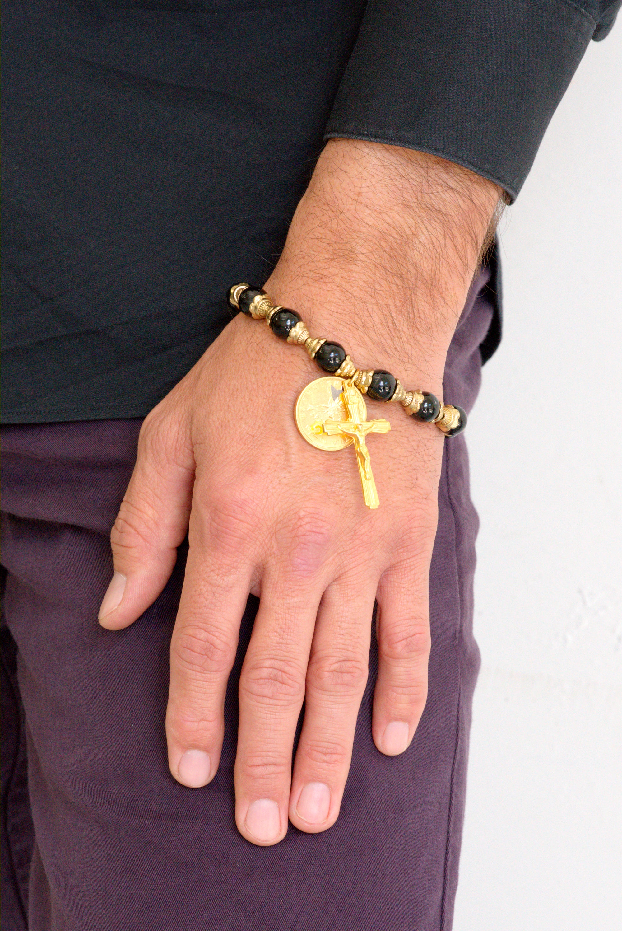 Black onyx and gold coin and crucifix bracelet by Jenny Dayco 8