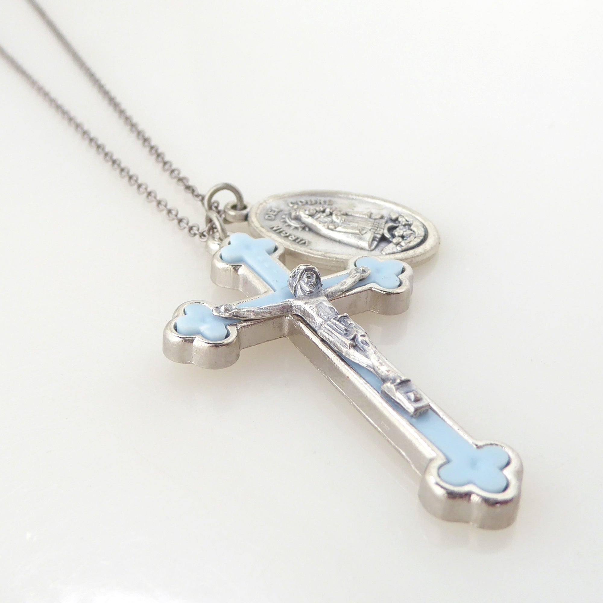 Blue crucifix and medal necklace by Jenny Dayco 2