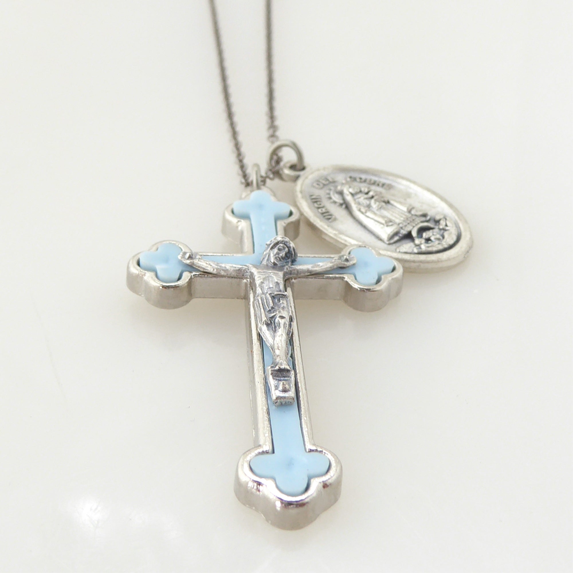 Blue crucifix and medal necklace by Jenny Dayco 3