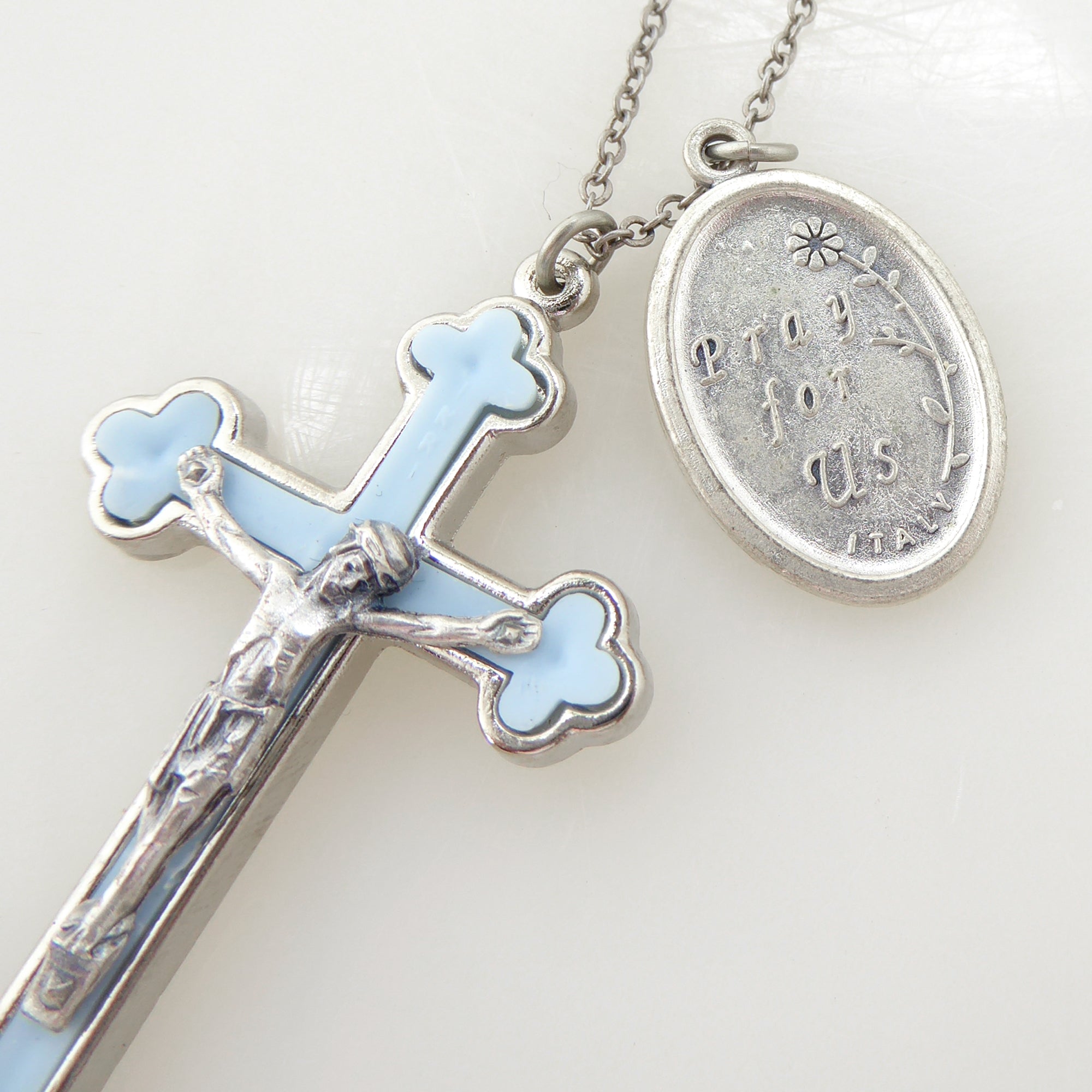 Blue crucifix and medal necklace by Jenny Dayco 4