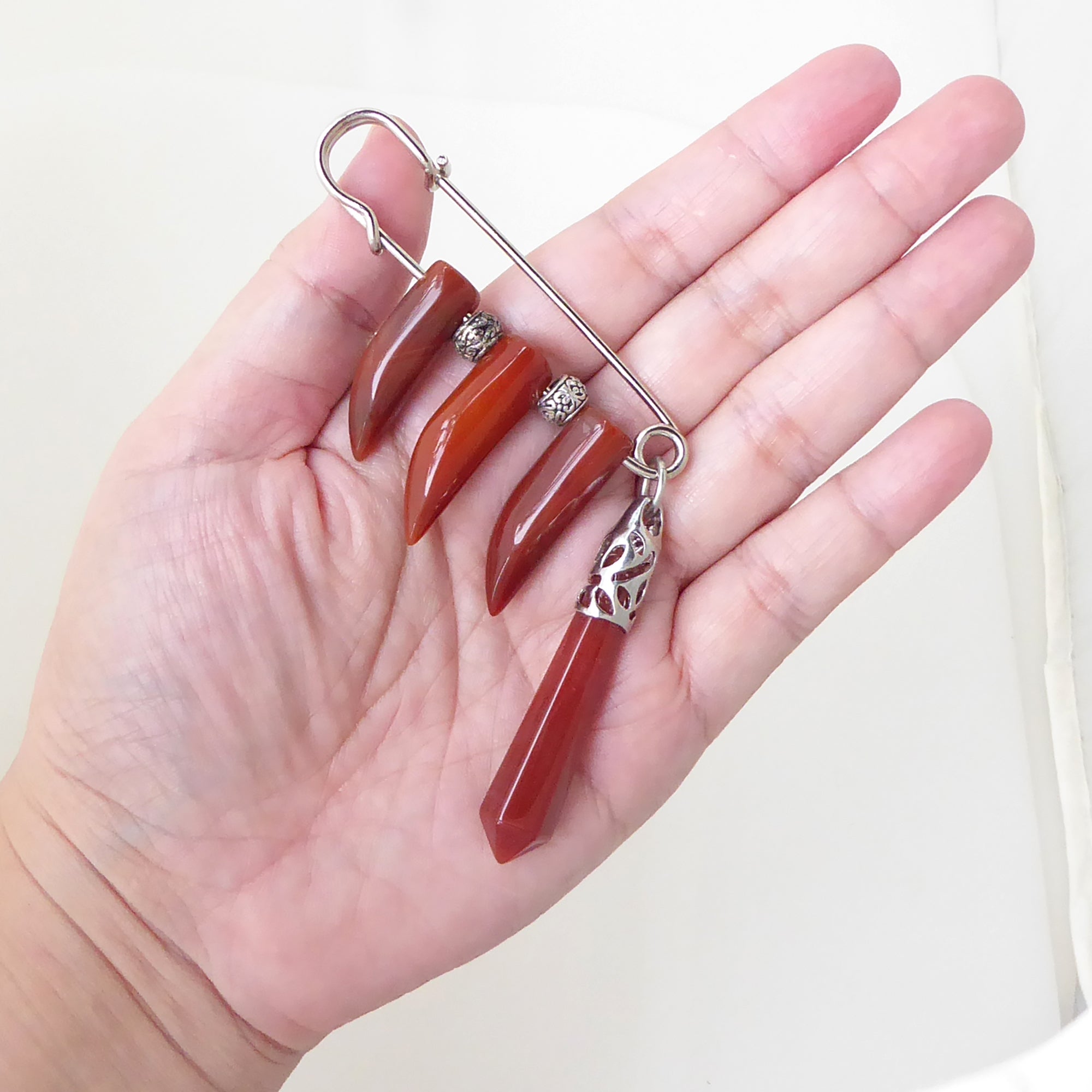 Carnelian claw safety pin brooch by Jenny Dayco 6