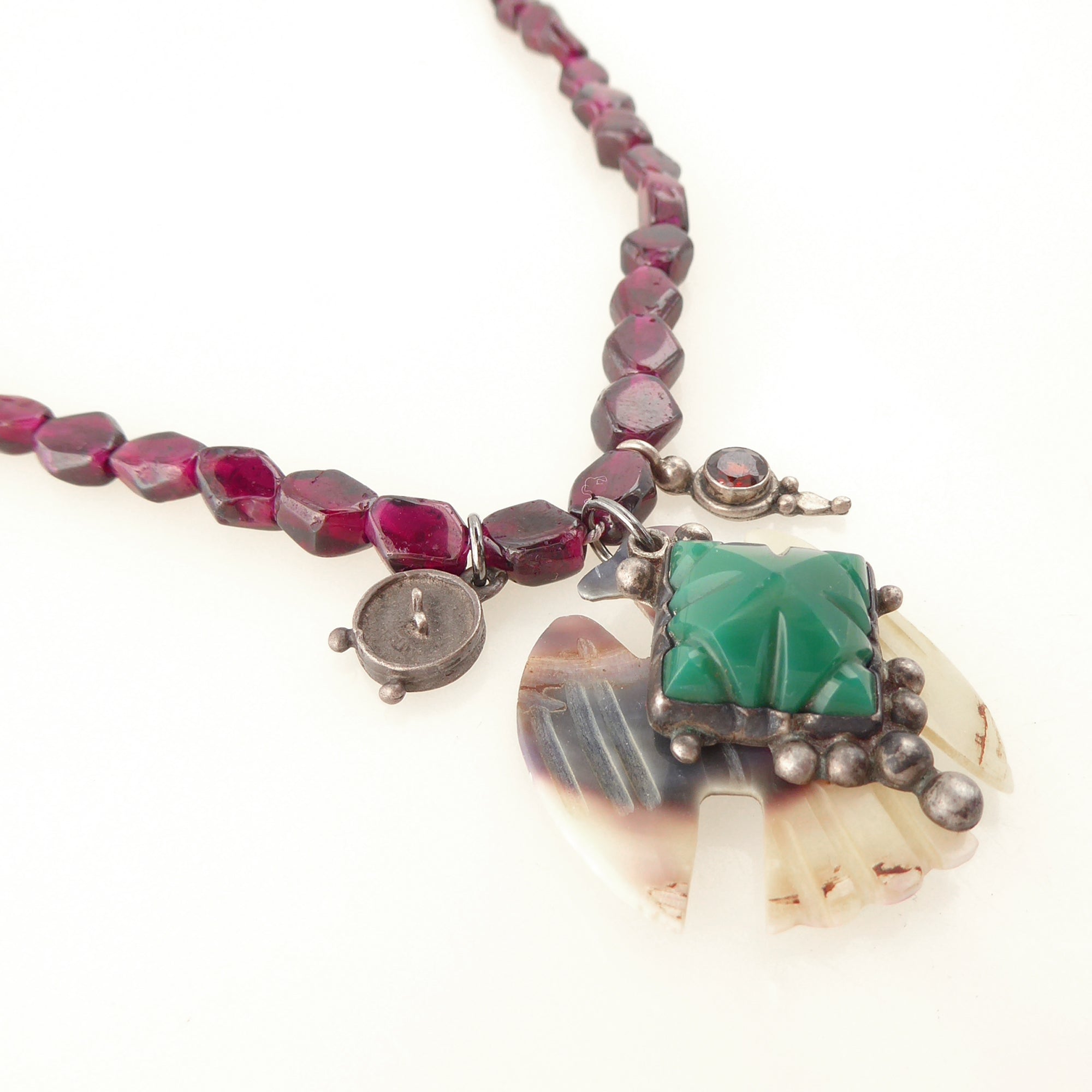 Carved bird and cabernet glass necklace by Jenny Dayco 2