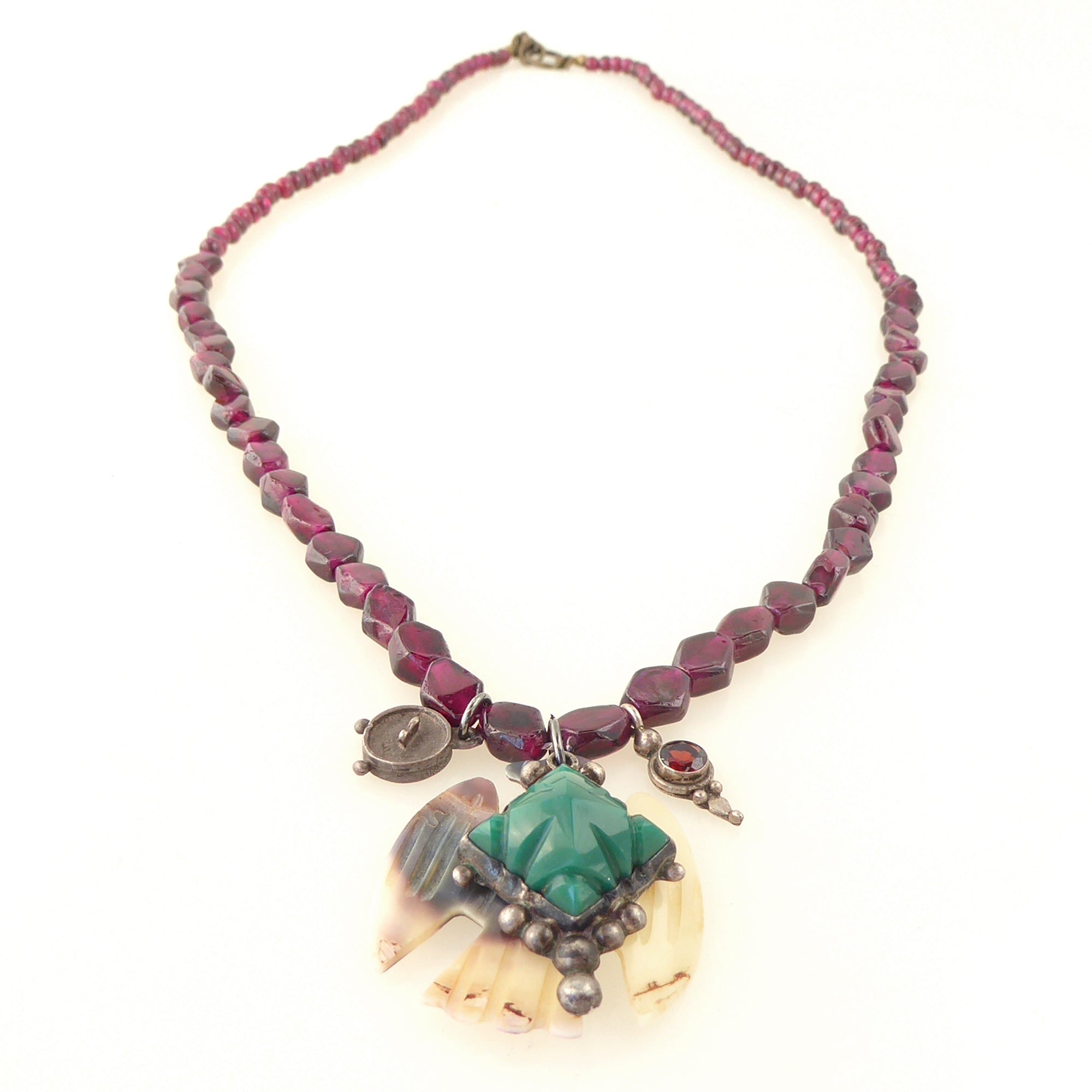 Carved bird and cabernet glass necklace by Jenny Dayco 3