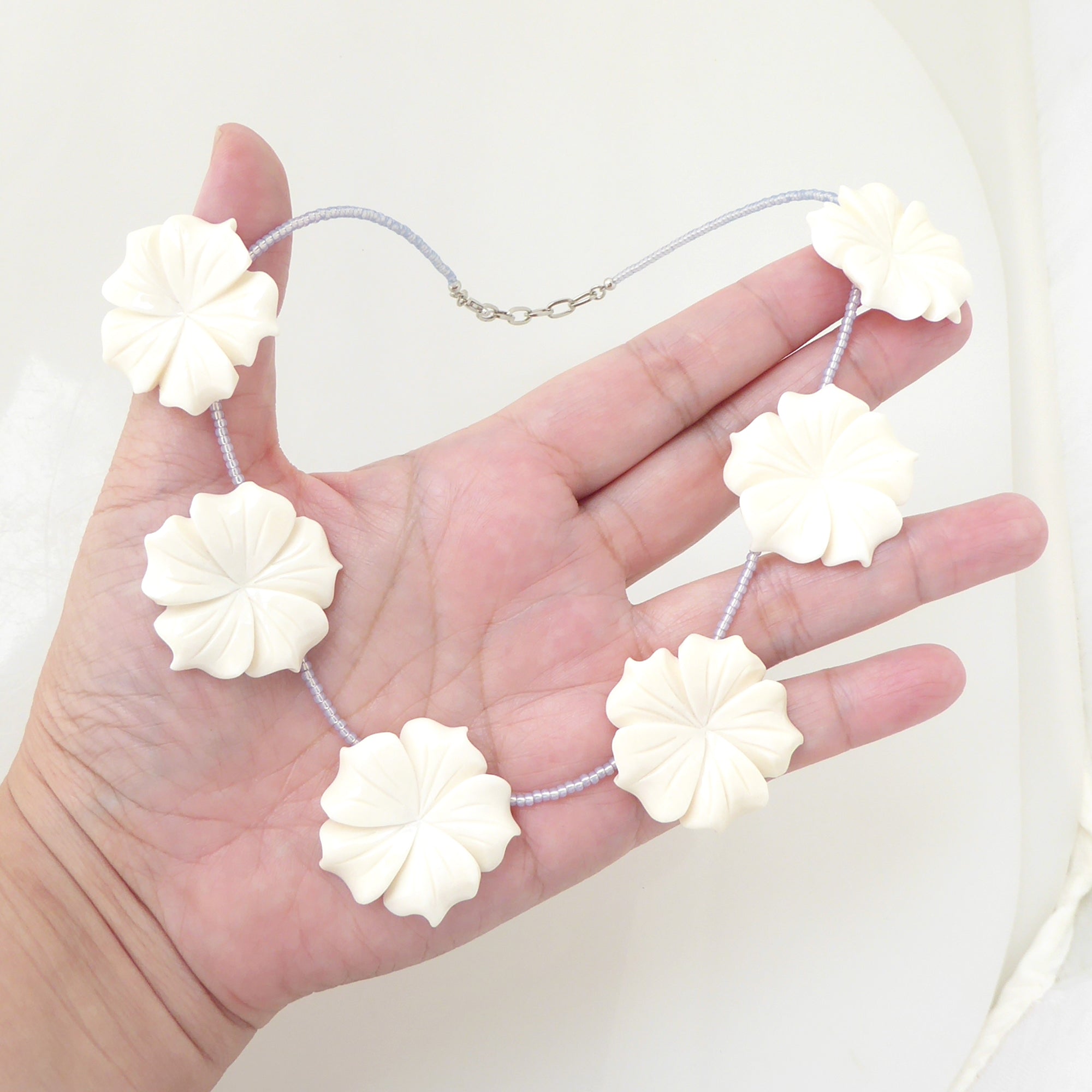 Carved flower beaded necklace by Jenny Dayco 6