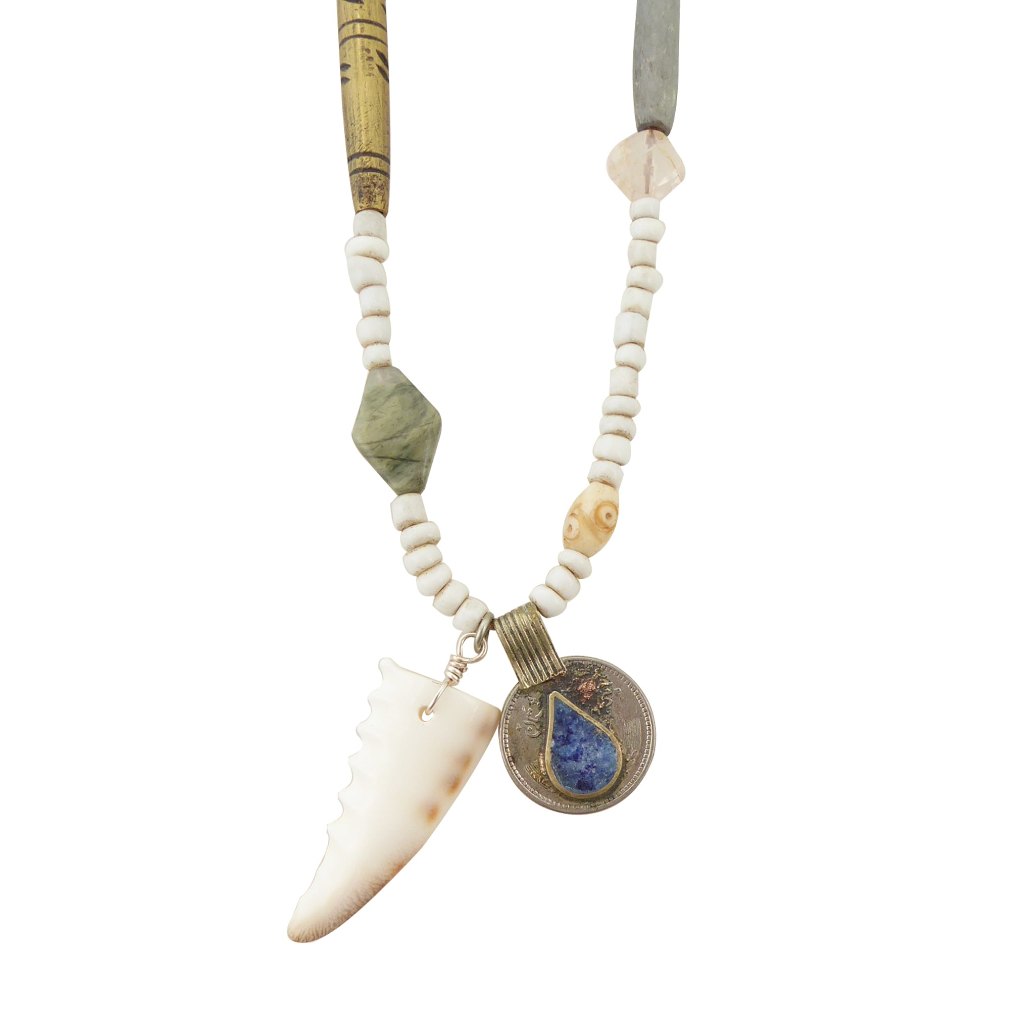 Cowrie shell and lapis lazuli coin necklace by Jenny Dayco 1