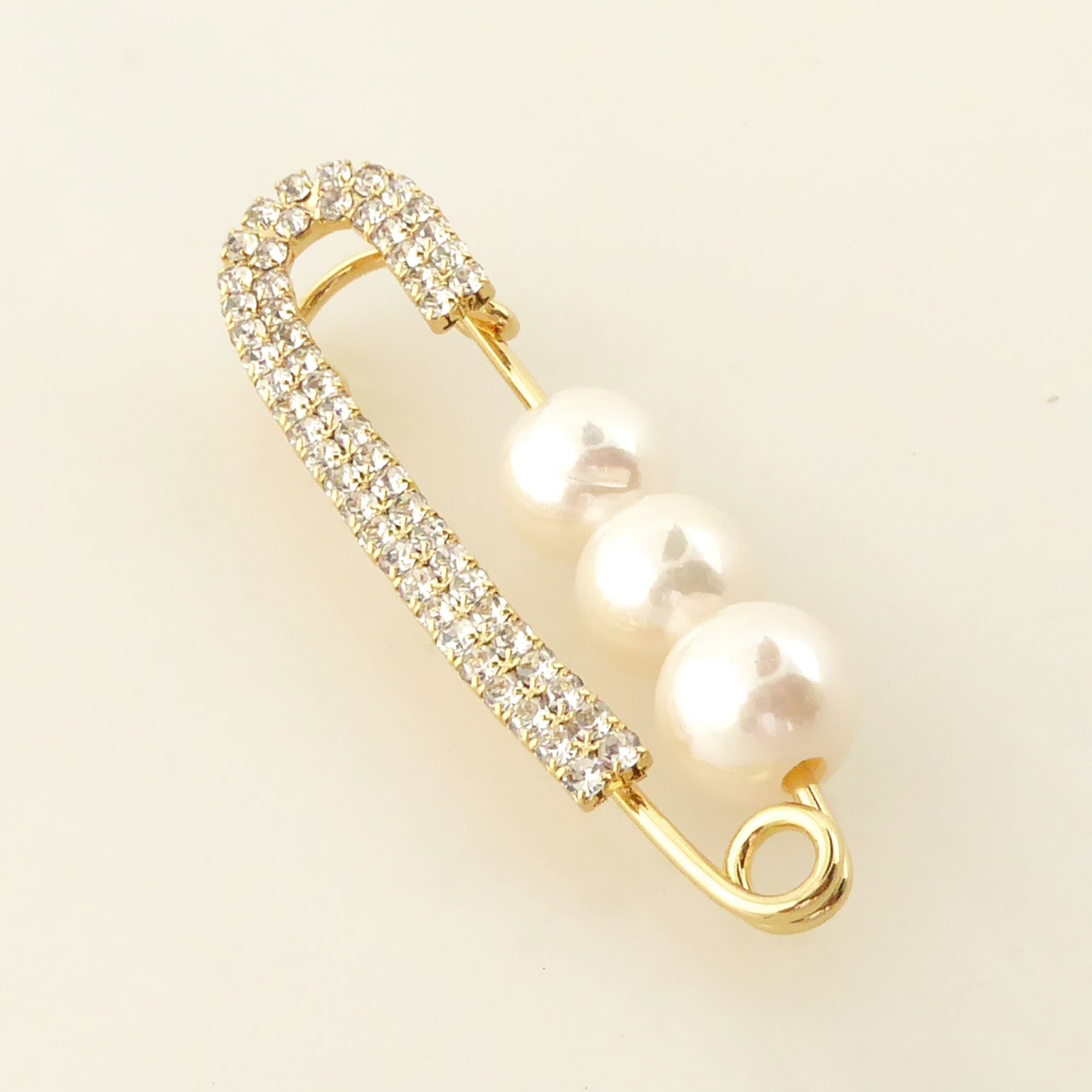 Freshwater pearl and gold rhinestone safety pin brooch by Jenny Dayco 2