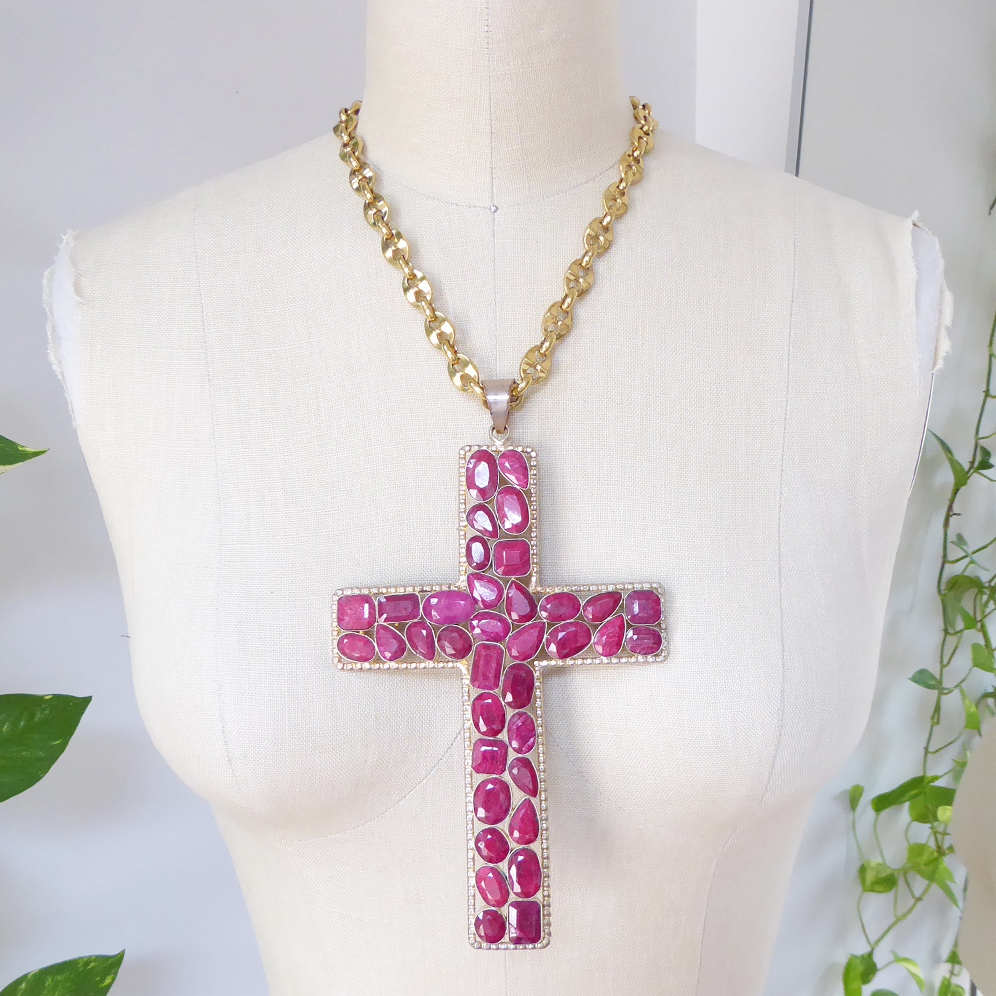 Fuchsia moonstone cross necklace