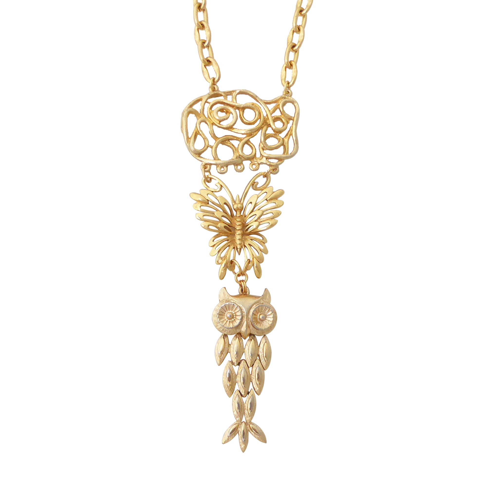 Gold butterfly and owl necklace by Jenny Dayco 1