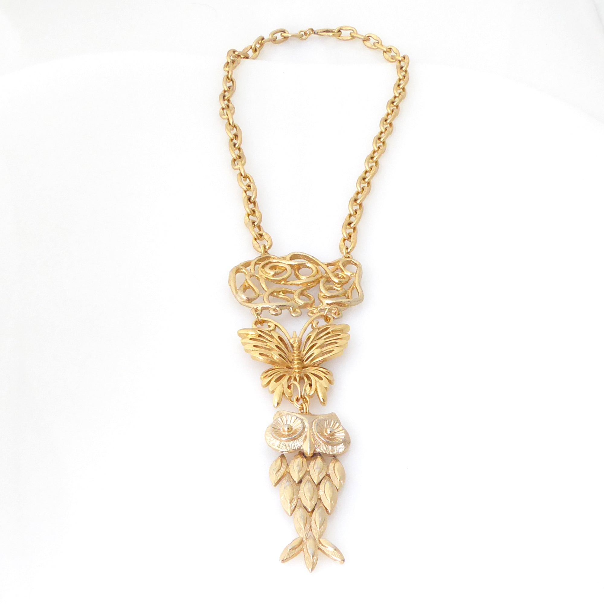 Gold butterfly and owl necklace by Jenny Dayco 3