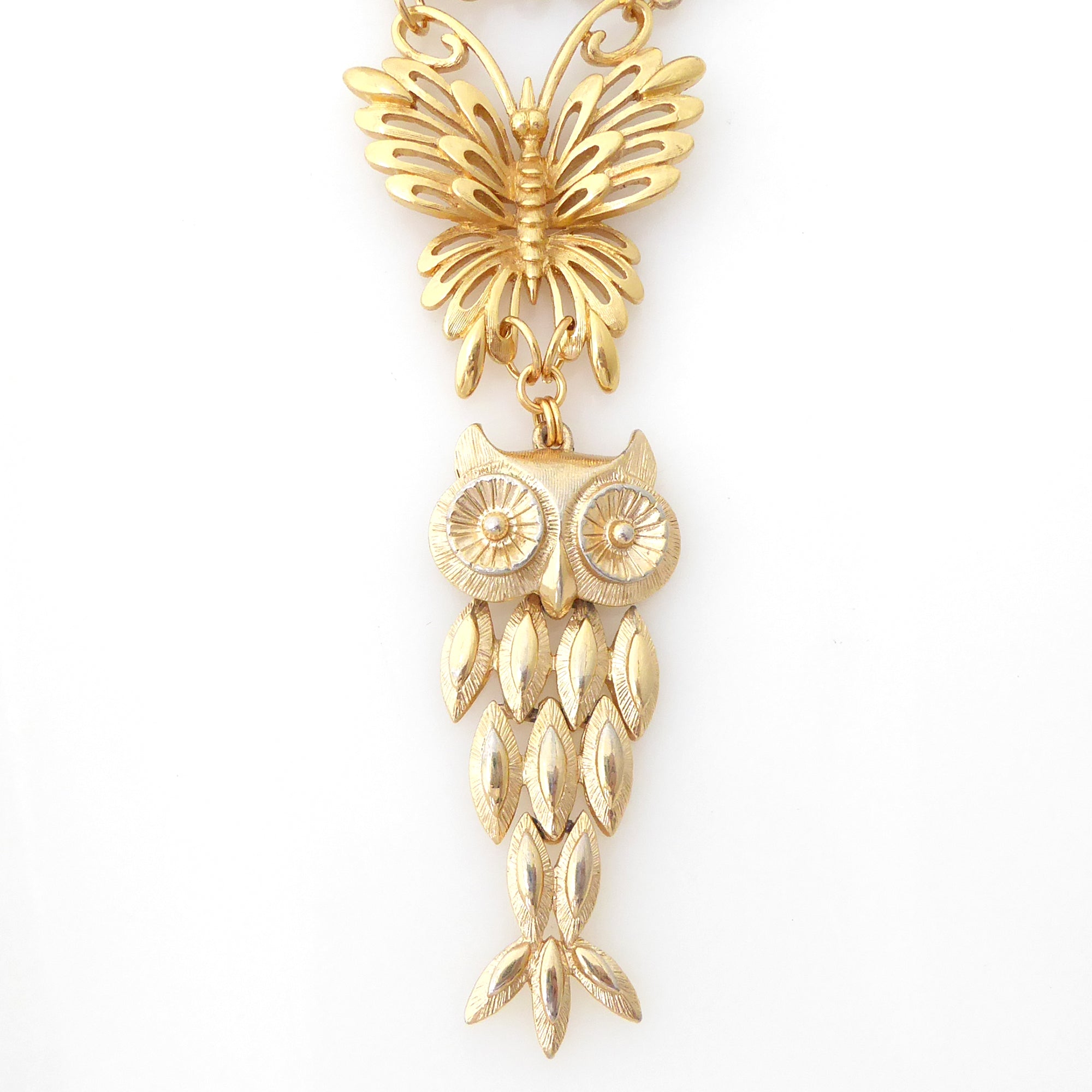 Gold butterfly and owl necklace by Jenny Dayco 4