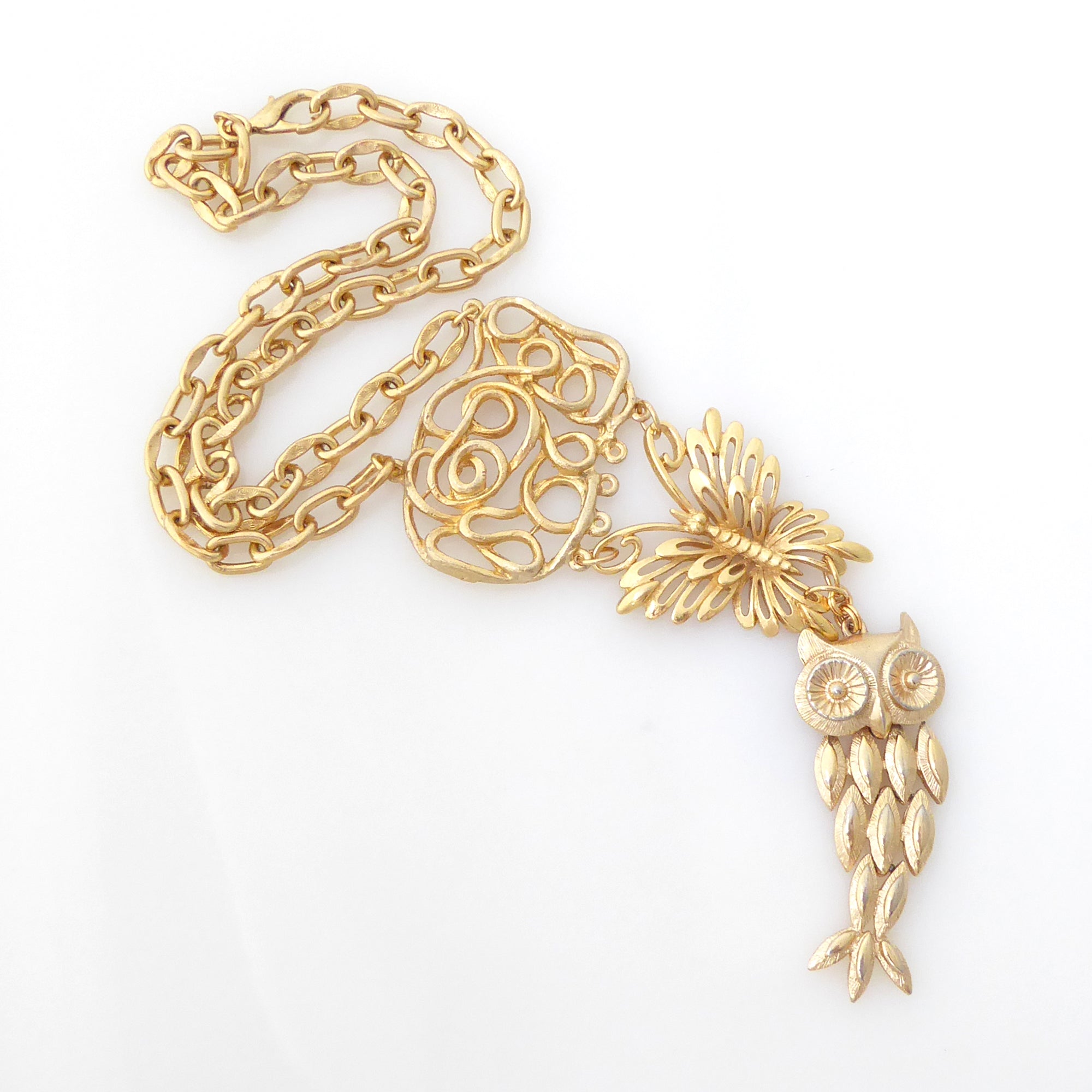 Gold butterfly and owl necklace by Jenny Dayco 6