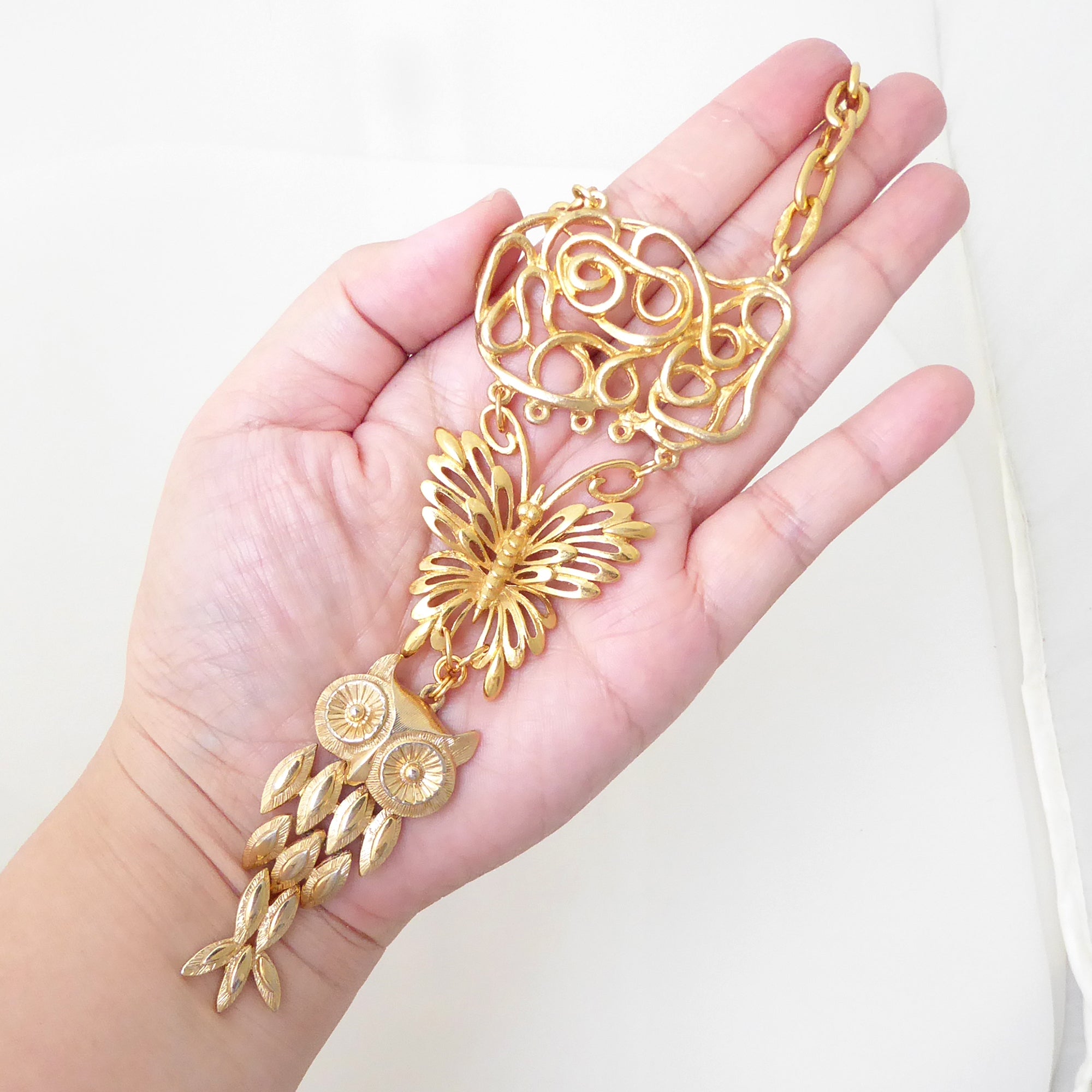 Gold butterfly and owl necklace by Jenny Dayco 7