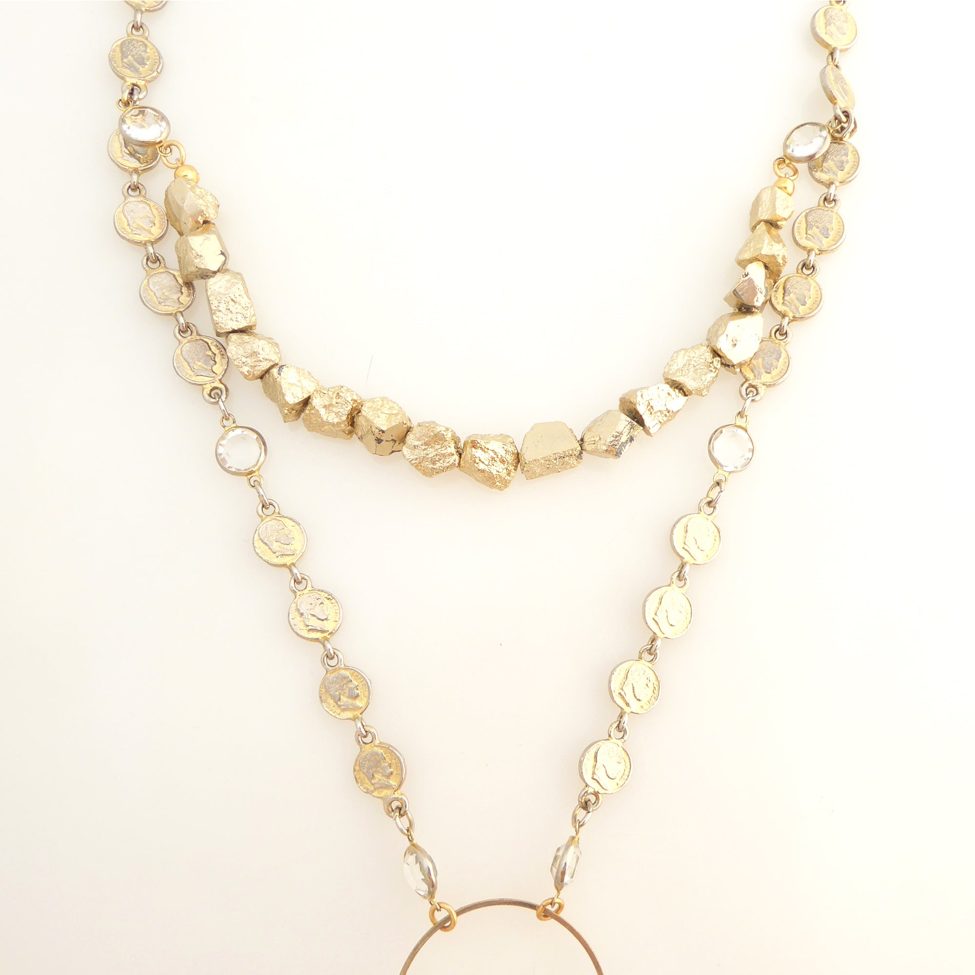 Gold coin and pyrite necklace by Jenny Dayco 5