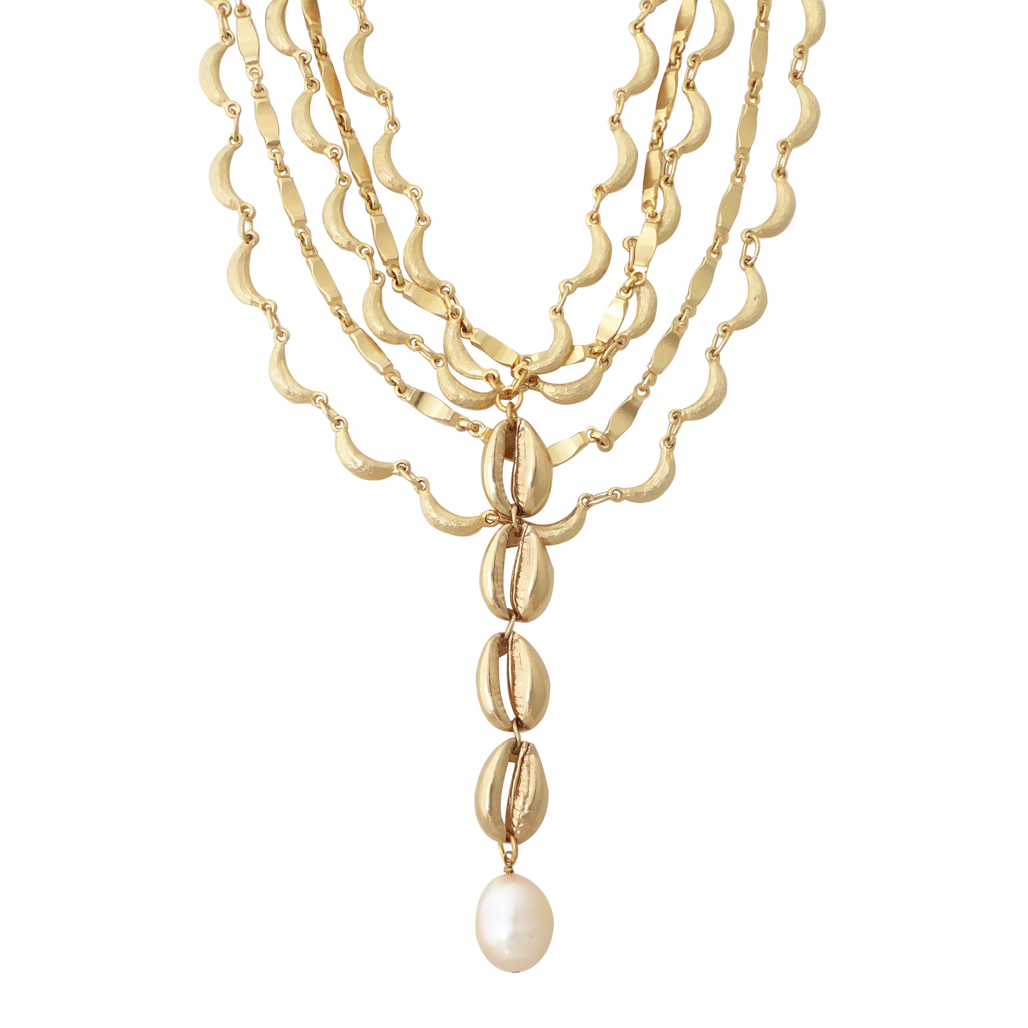Gold cowrie shell and pearl necklace by Jenny Dayco 1