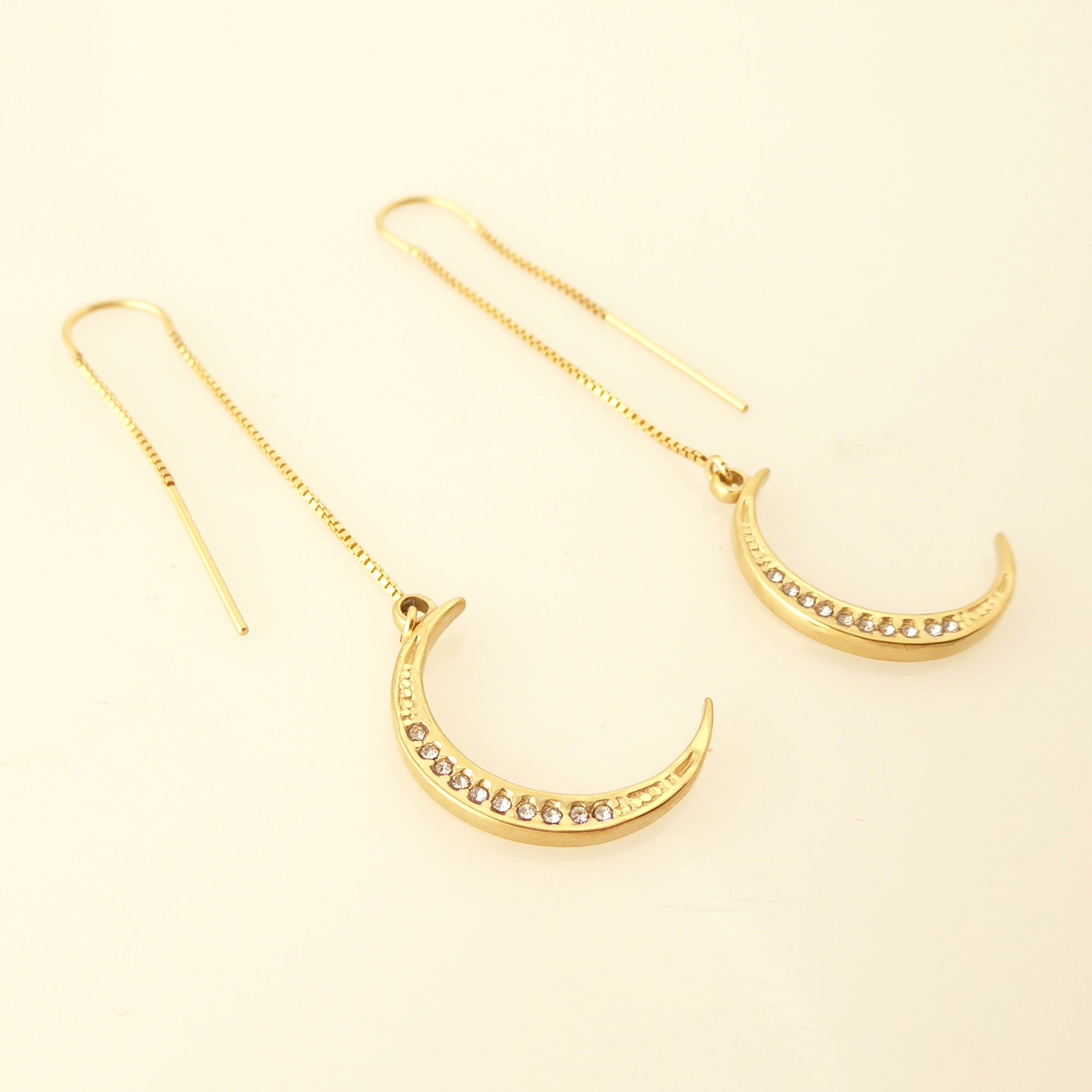 Gold crescent moon threader earrings by Jenny Dayco 2