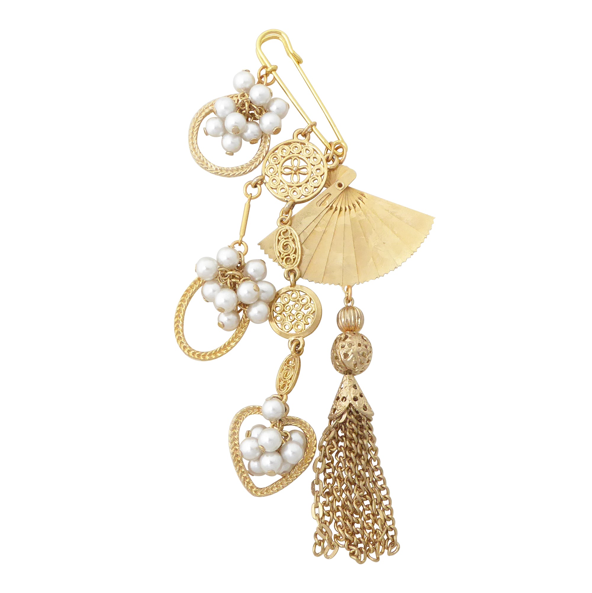 Golden fan tassel and pearl brooch by Jenny Dayco 1