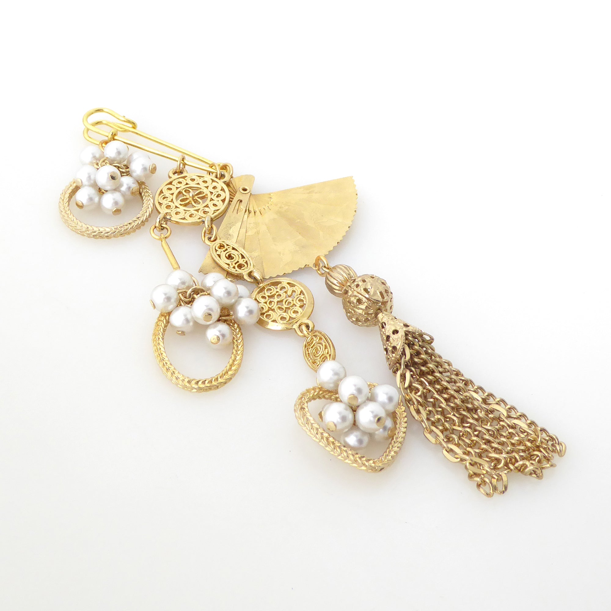 Golden fan tassel and pearl brooch by Jenny Dayco 2