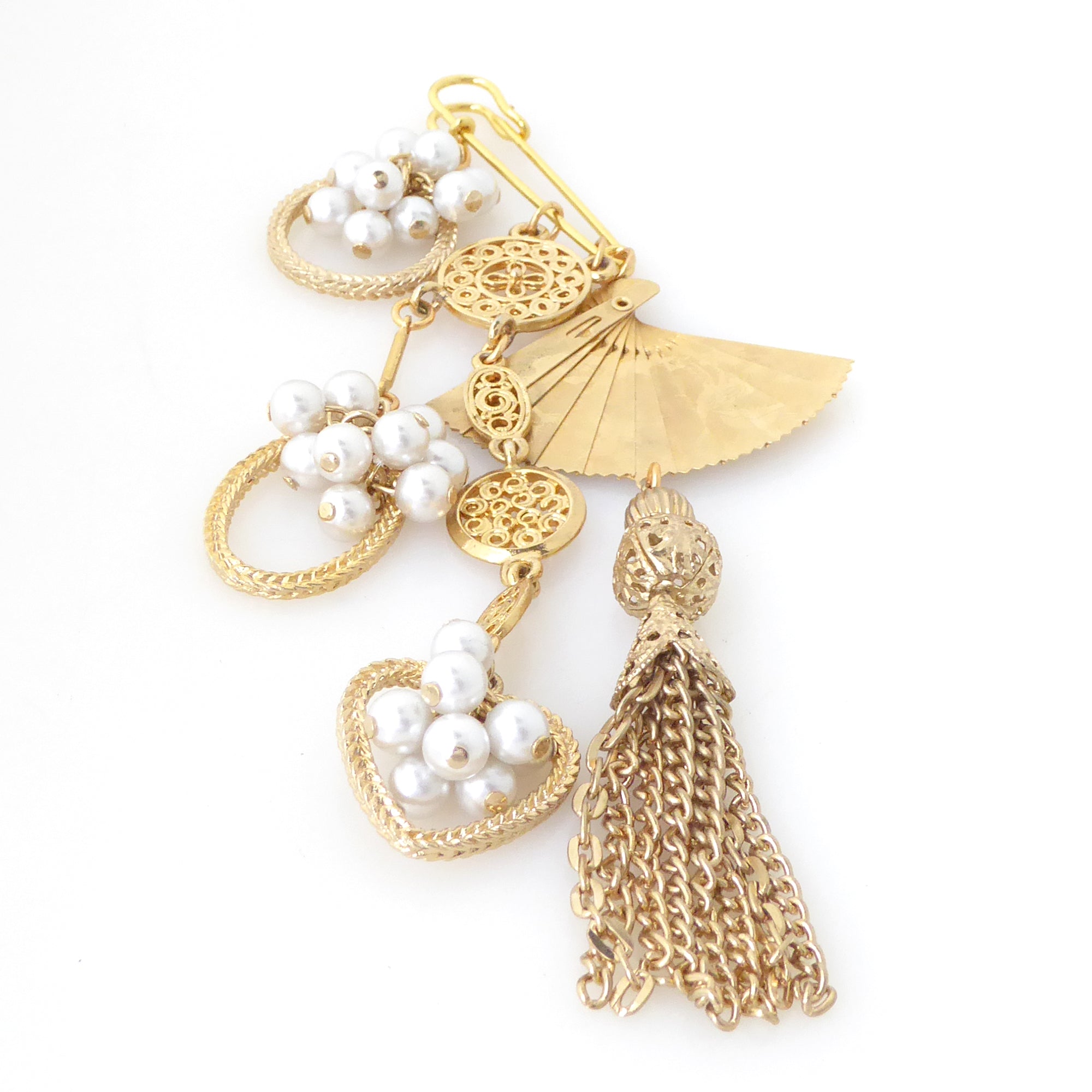 Golden fan tassel and pearl brooch by Jenny Dayco 3
