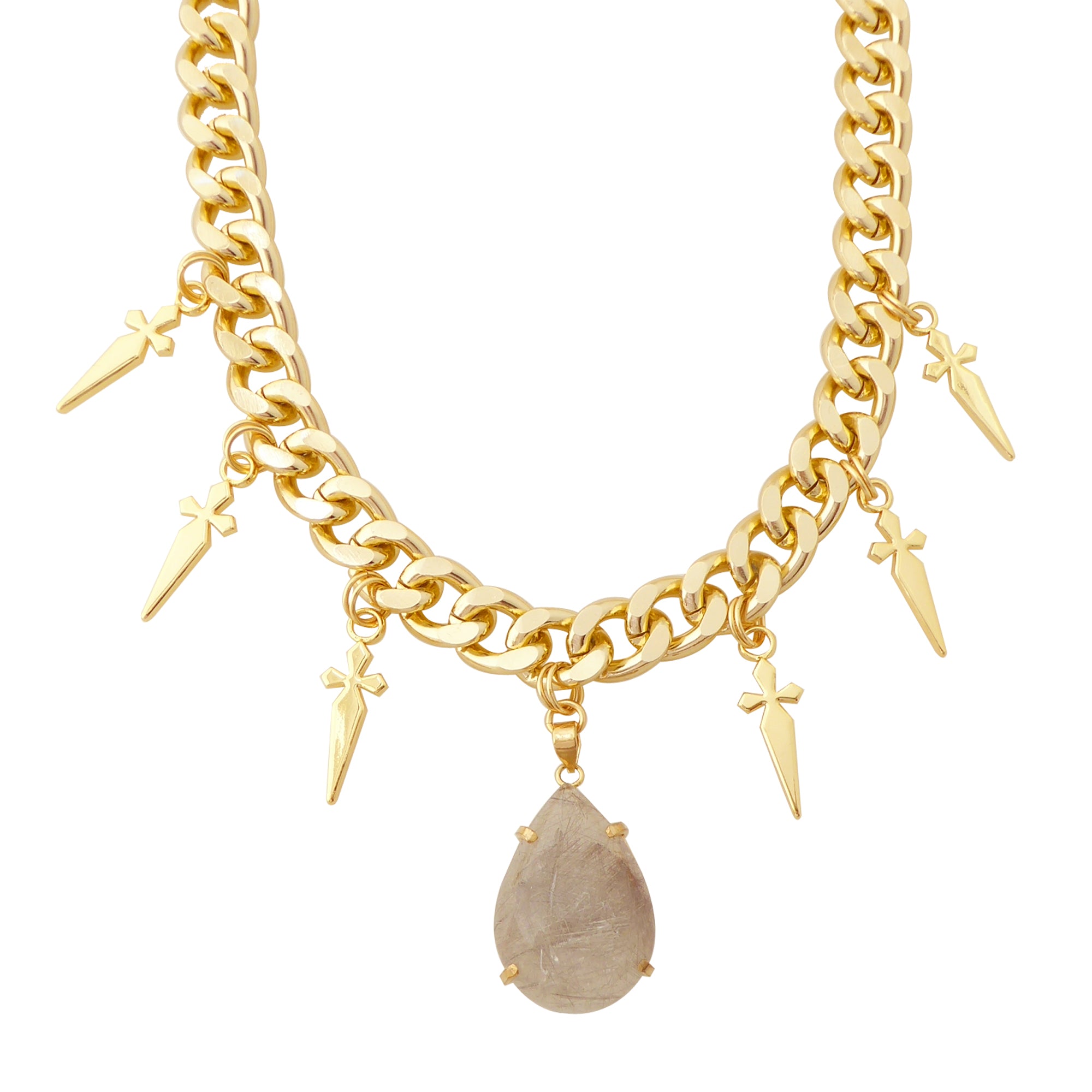 Golden rutilated quartz teardrop and dagger necklace Jenny Dayco 1