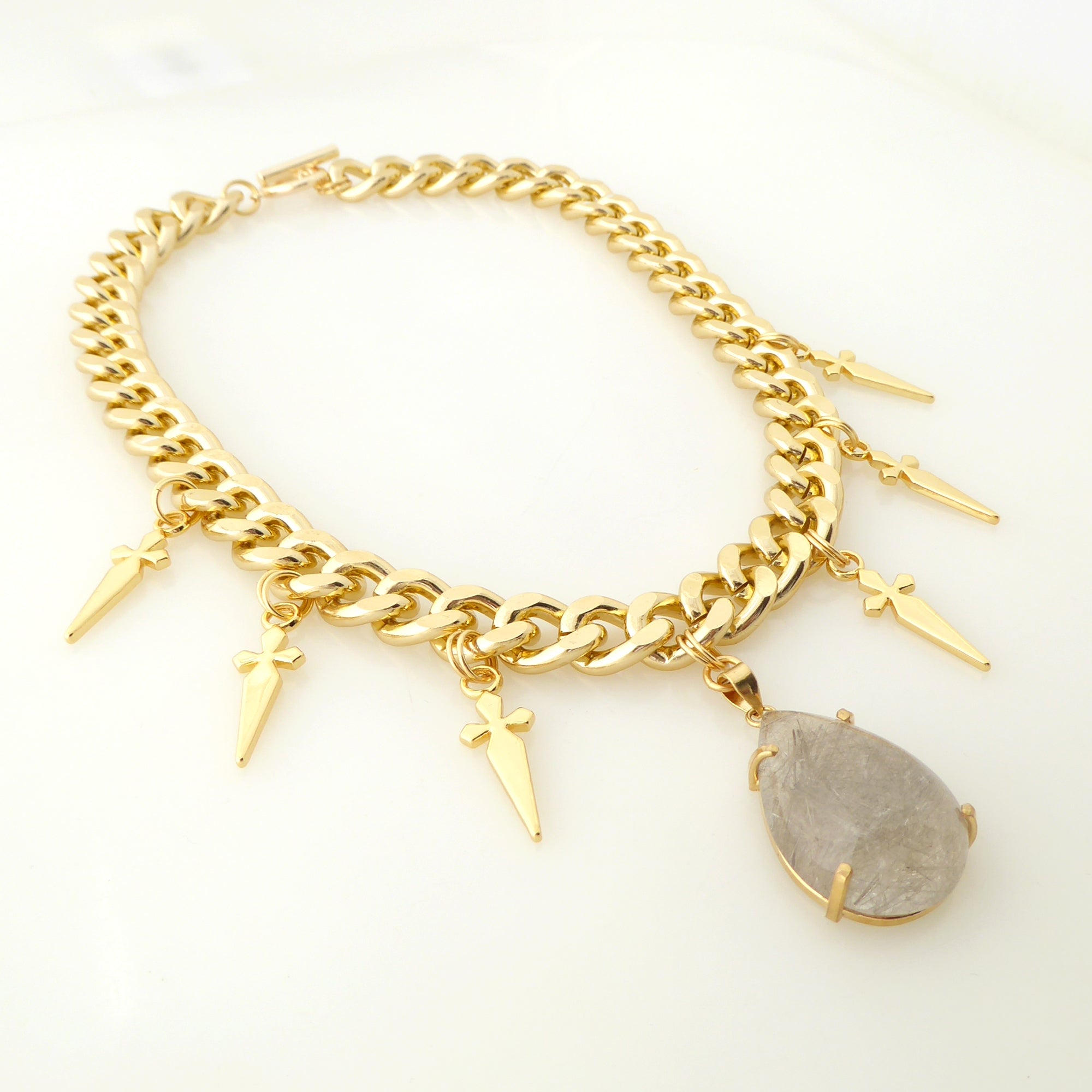 Golden rutilated quartz teardrop and dagger necklace Jenny Dayco 2