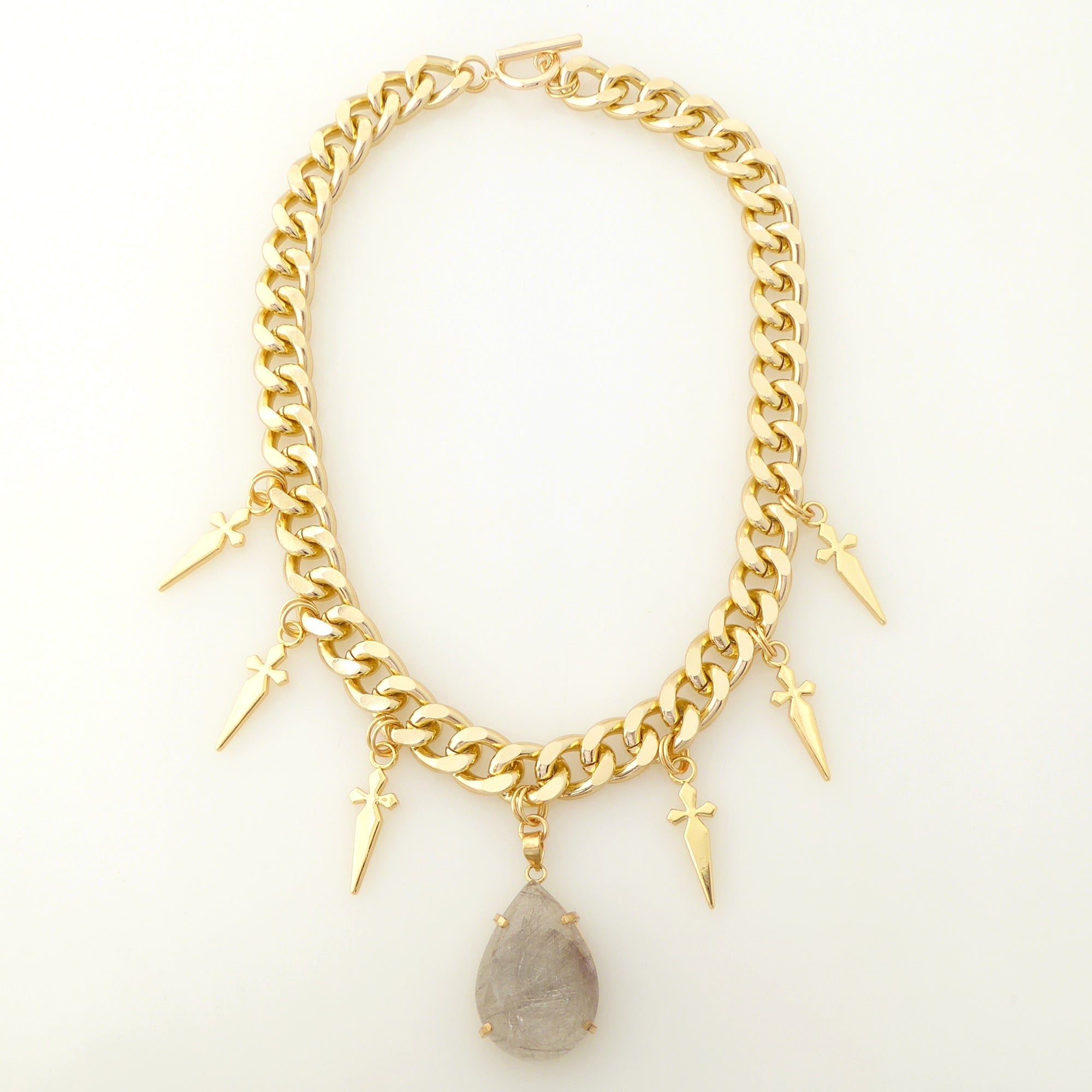 Golden rutilated quartz teardrop and dagger necklace Jenny Dayco 5