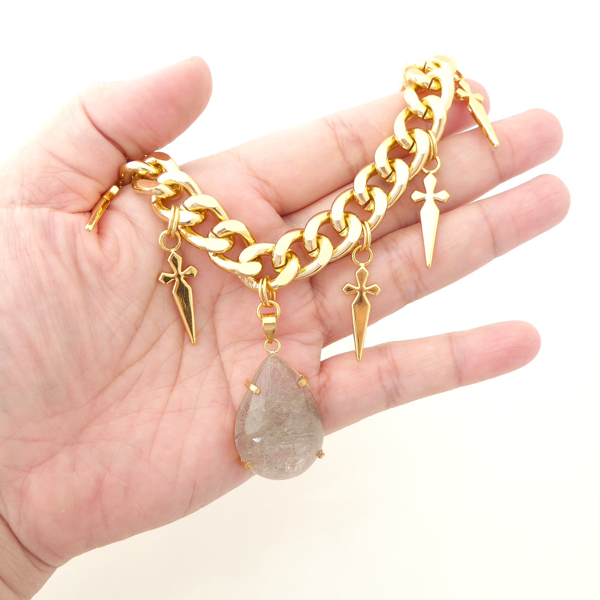 Golden rutilated quartz teardrop and dagger necklace Jenny Dayco 6