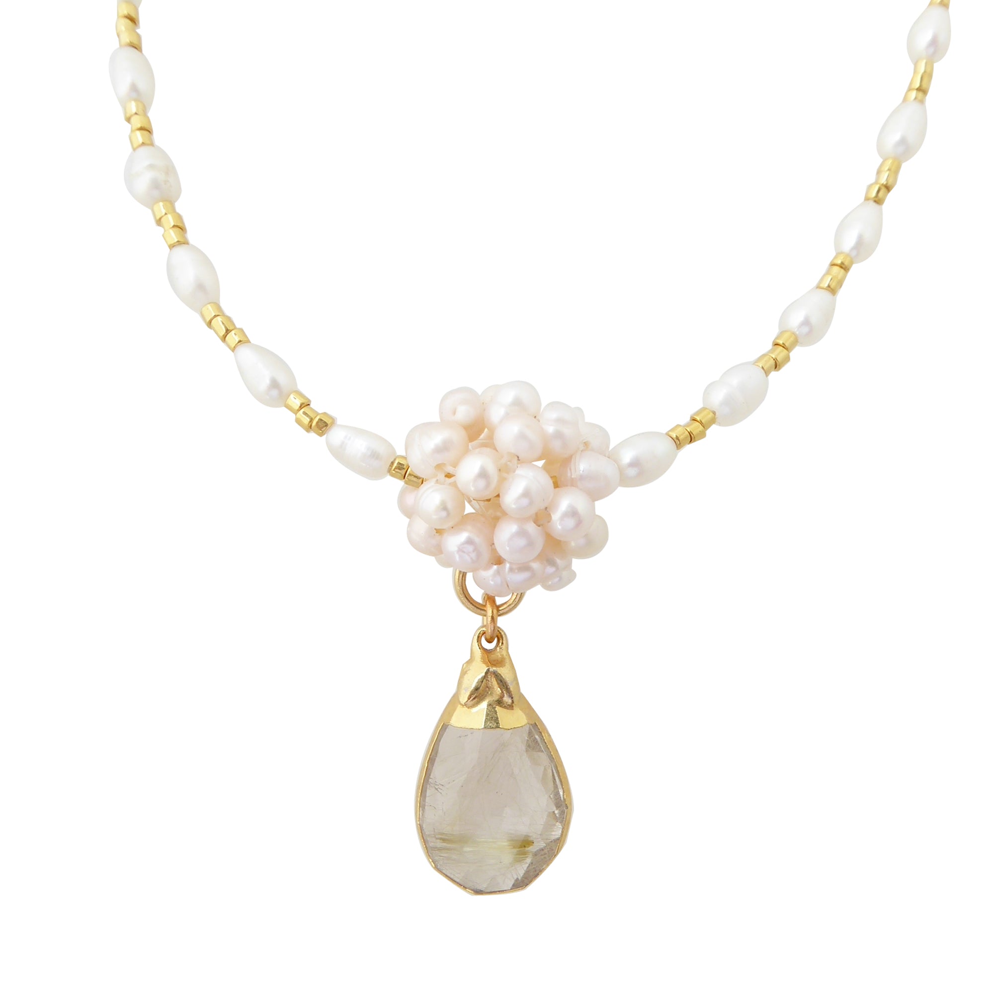 Golden rutilated quartz teardrop and pearl necklace by Jenny Dayco 1