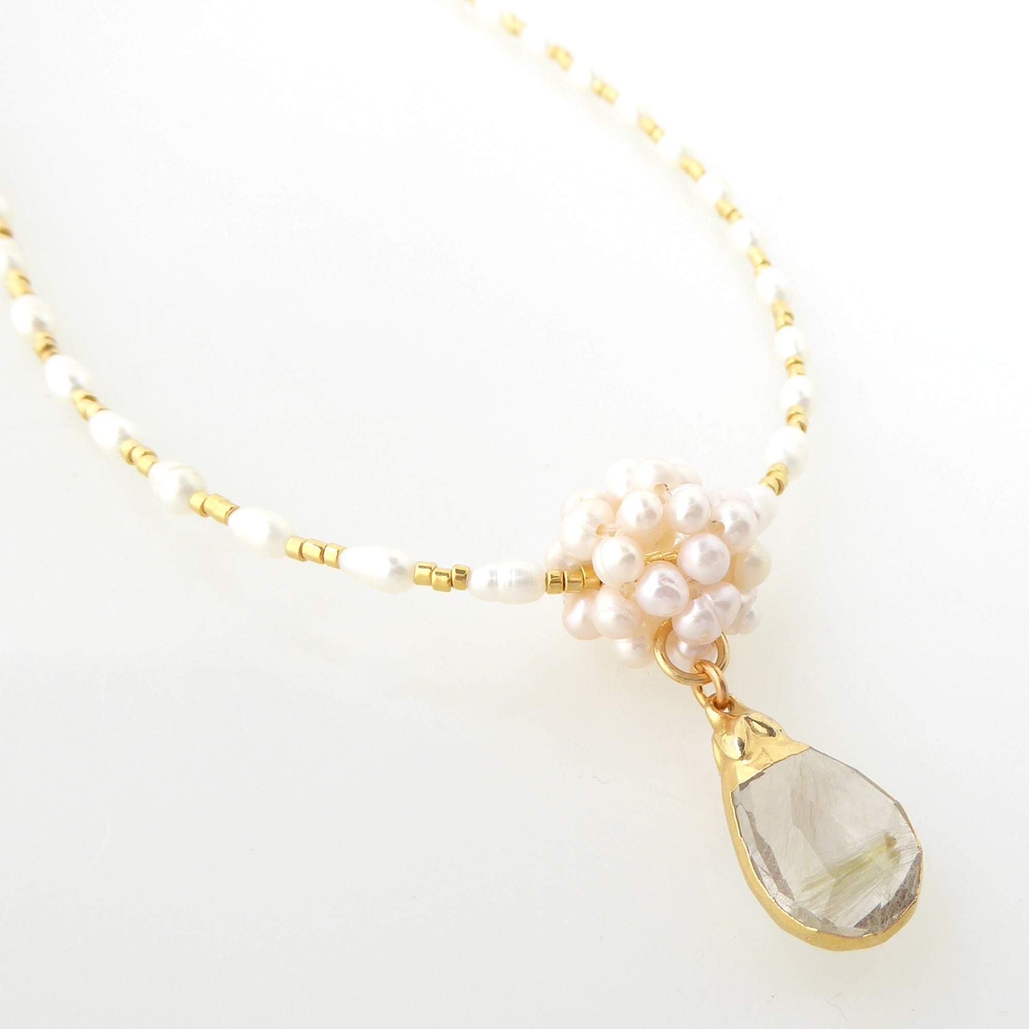 Golden rutilated quartz teardrop and pearl necklace by Jenny Dayco 2