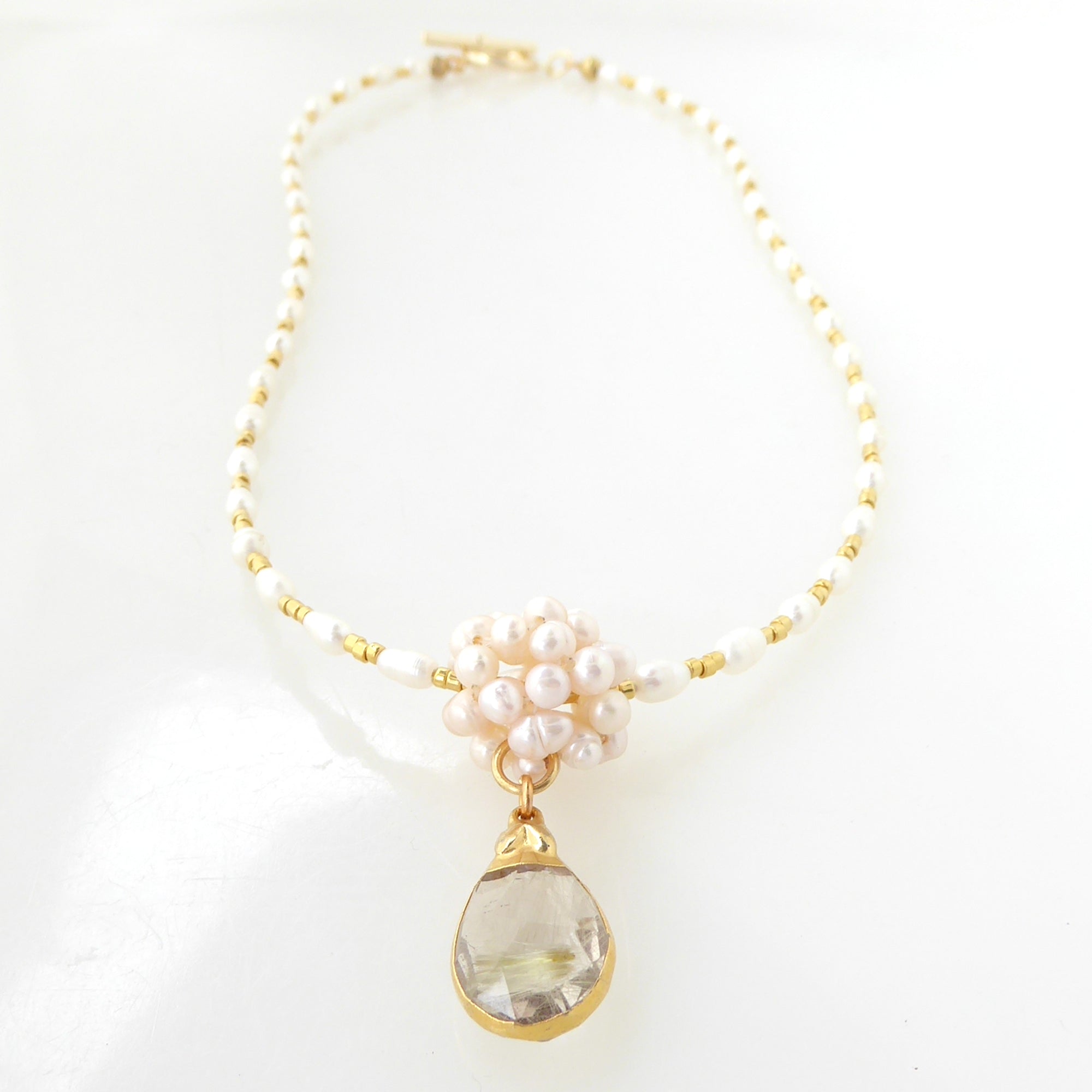 Golden rutilated quartz teardrop and pearl necklace by Jenny Dayco 3