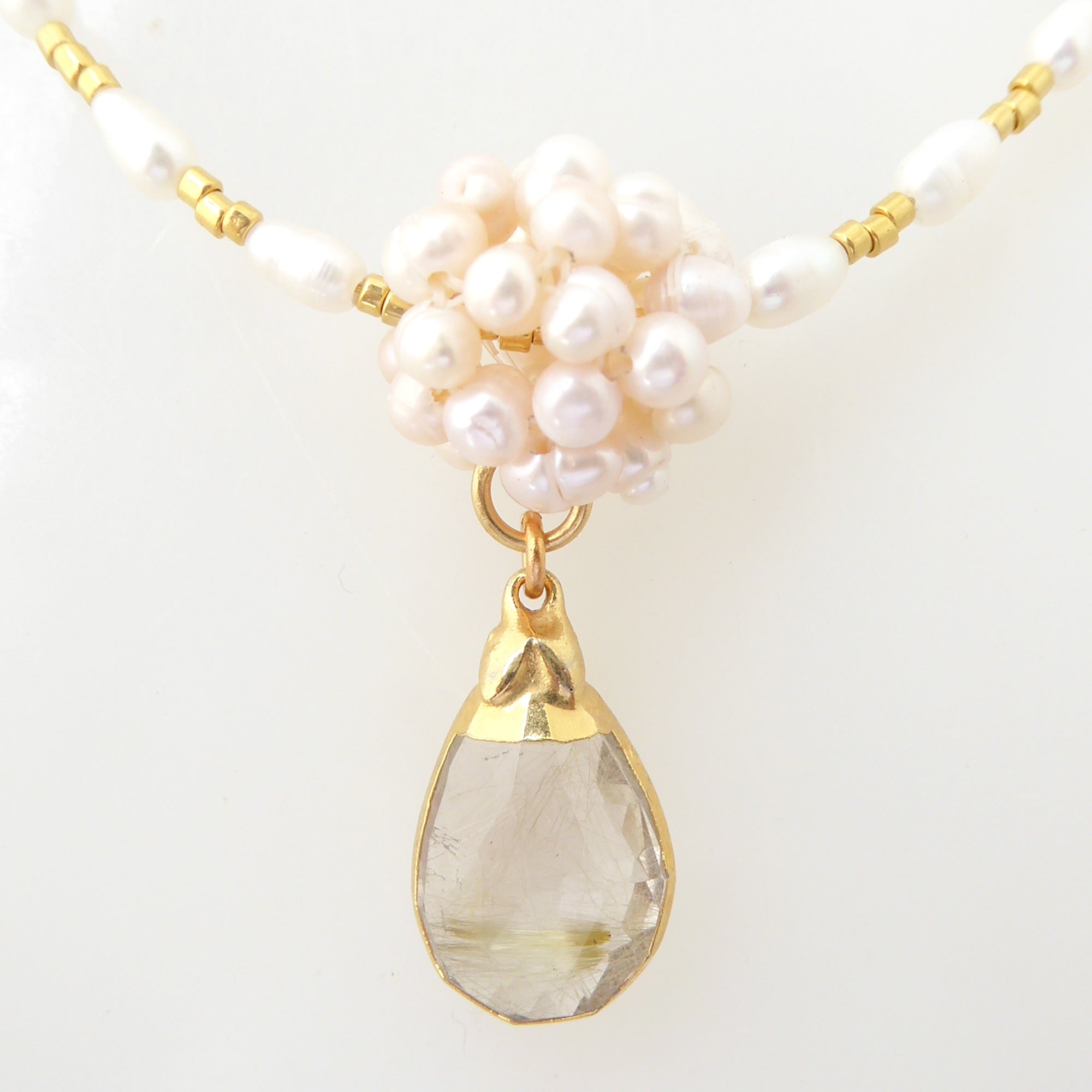 Golden rutilated quartz teardrop and pearl necklace by Jenny Dayco 4