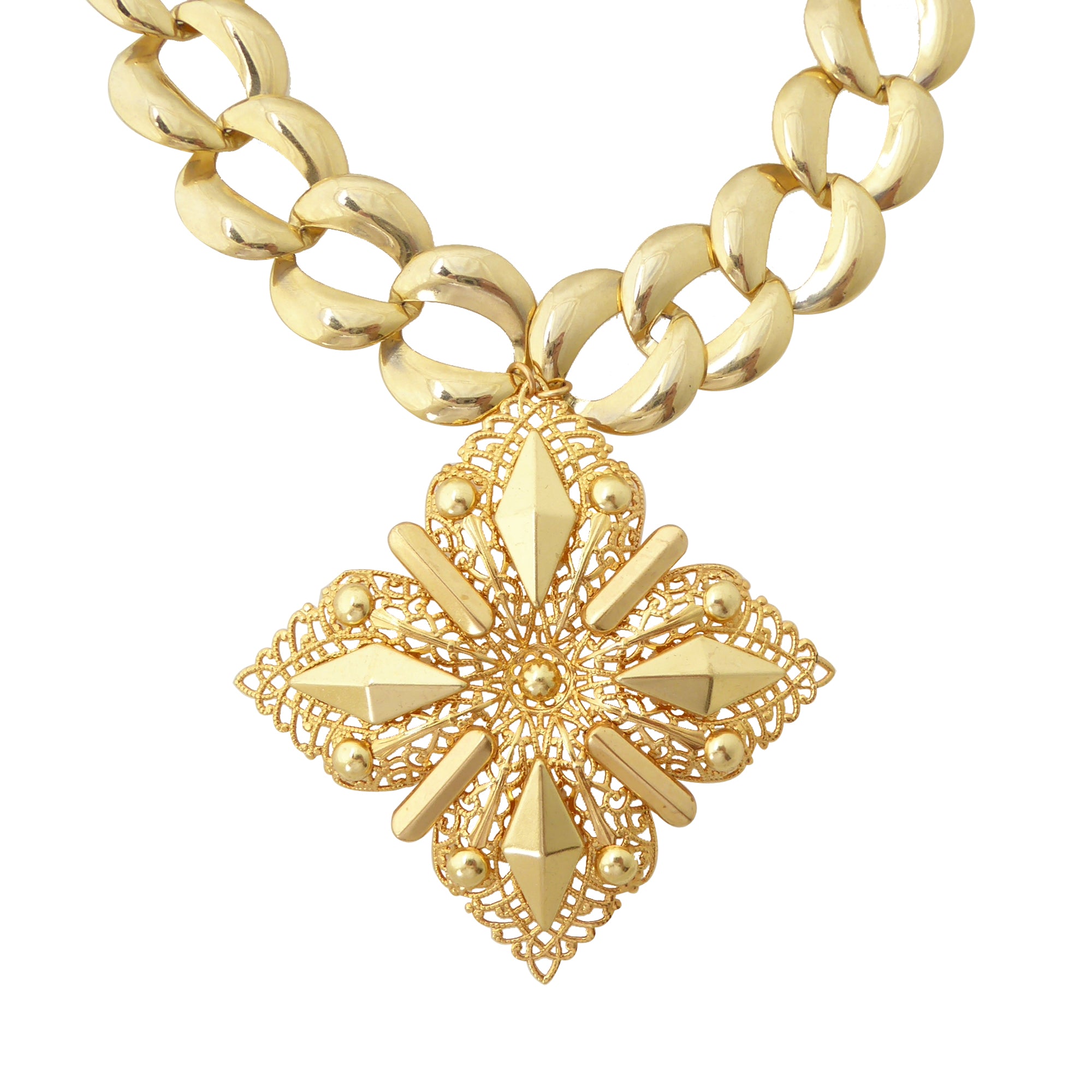 Gold medieval cross necklace by Jenny Dayco 1