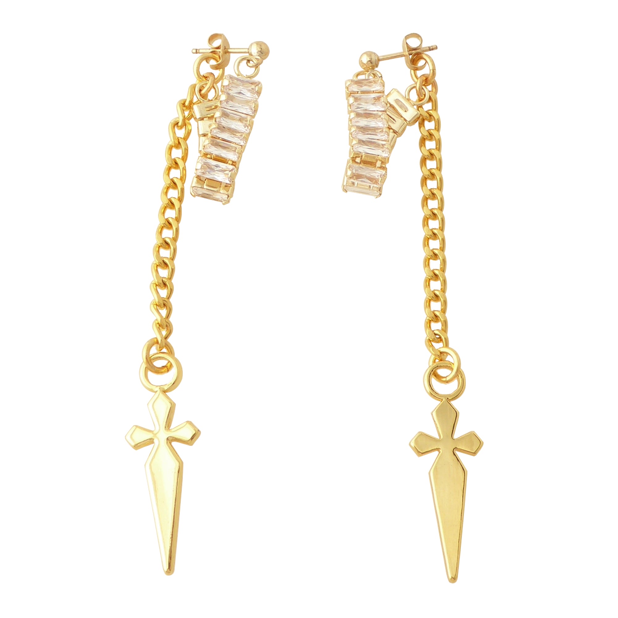 Gold rhinestone baguette dagger earrings