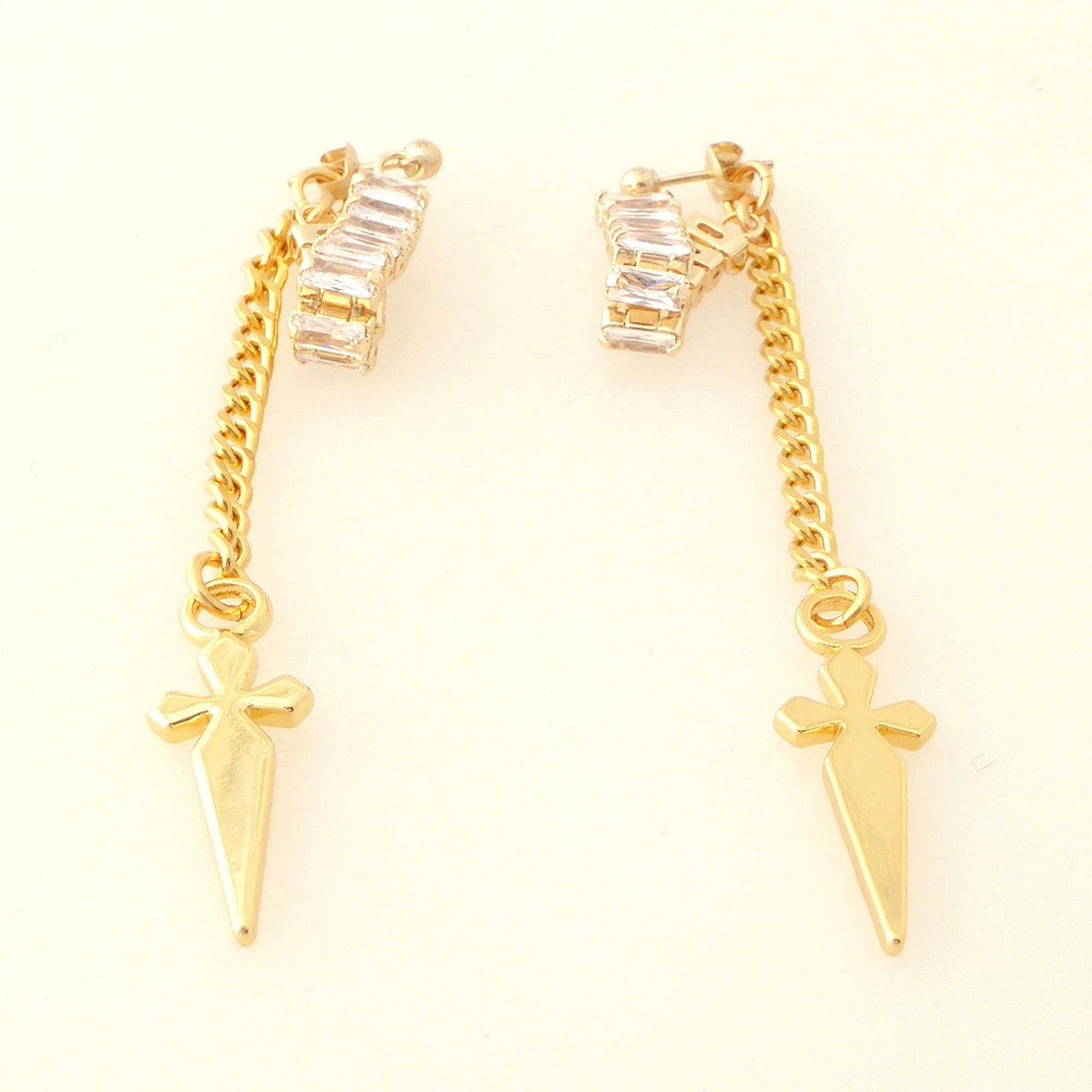 Gold rhinestone baguette dagger earrings