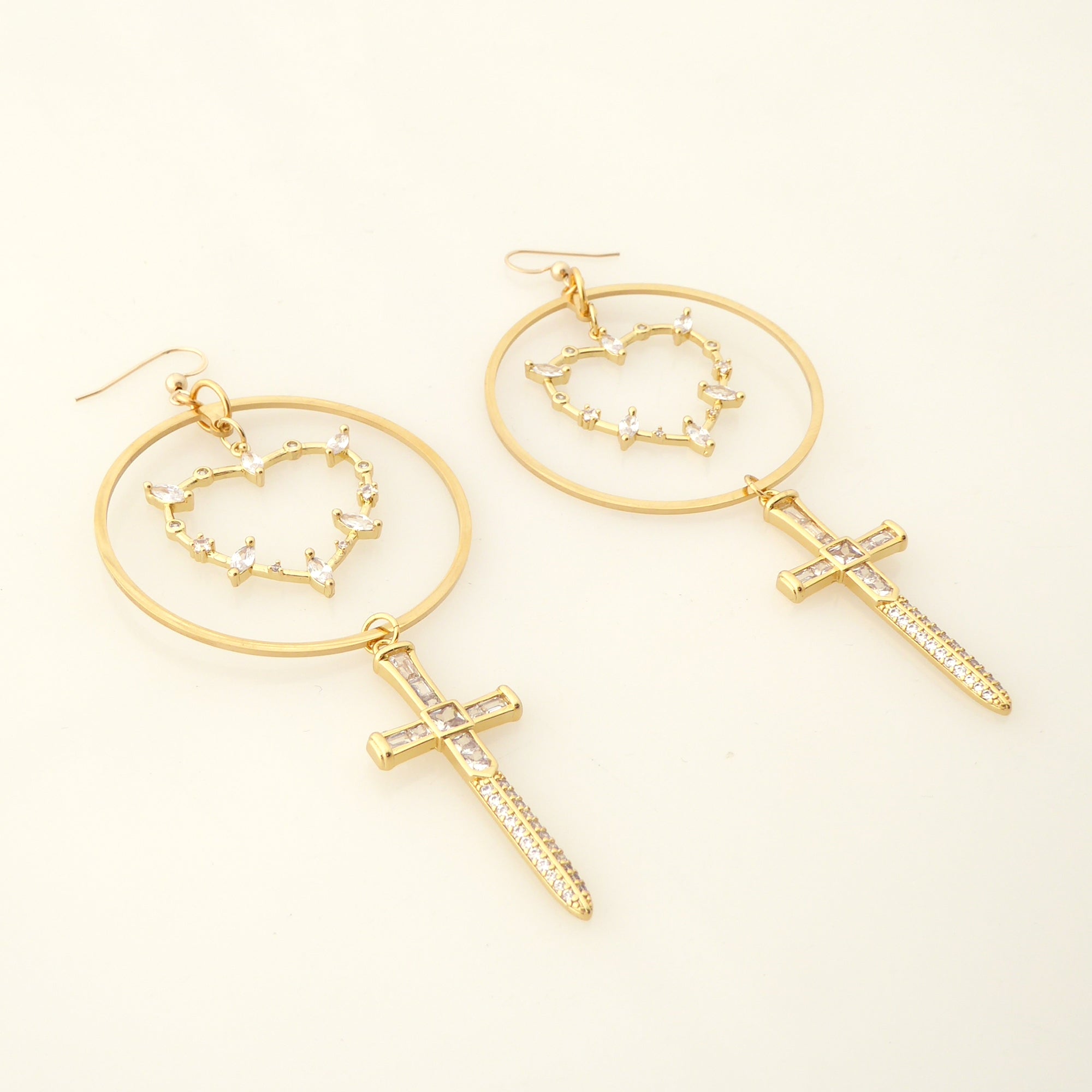 Gold rhinestone heart and dagger earrings by Jenny Dayco 2