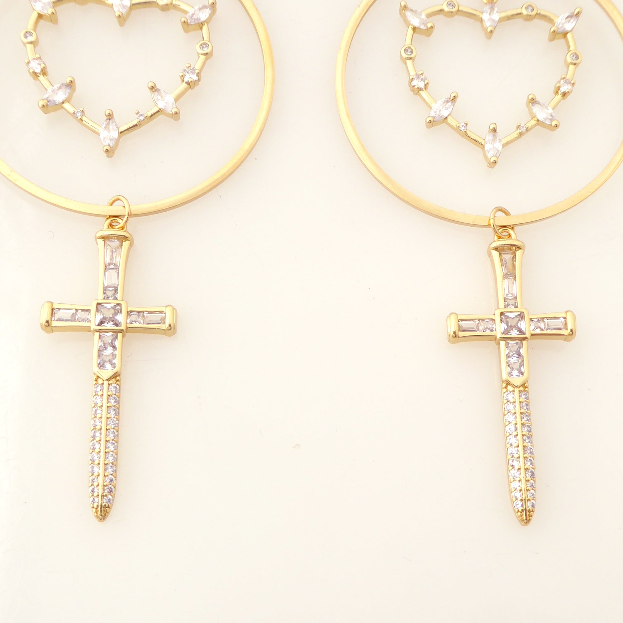 Gold rhinestone heart and dagger earrings by Jenny Dayco 4