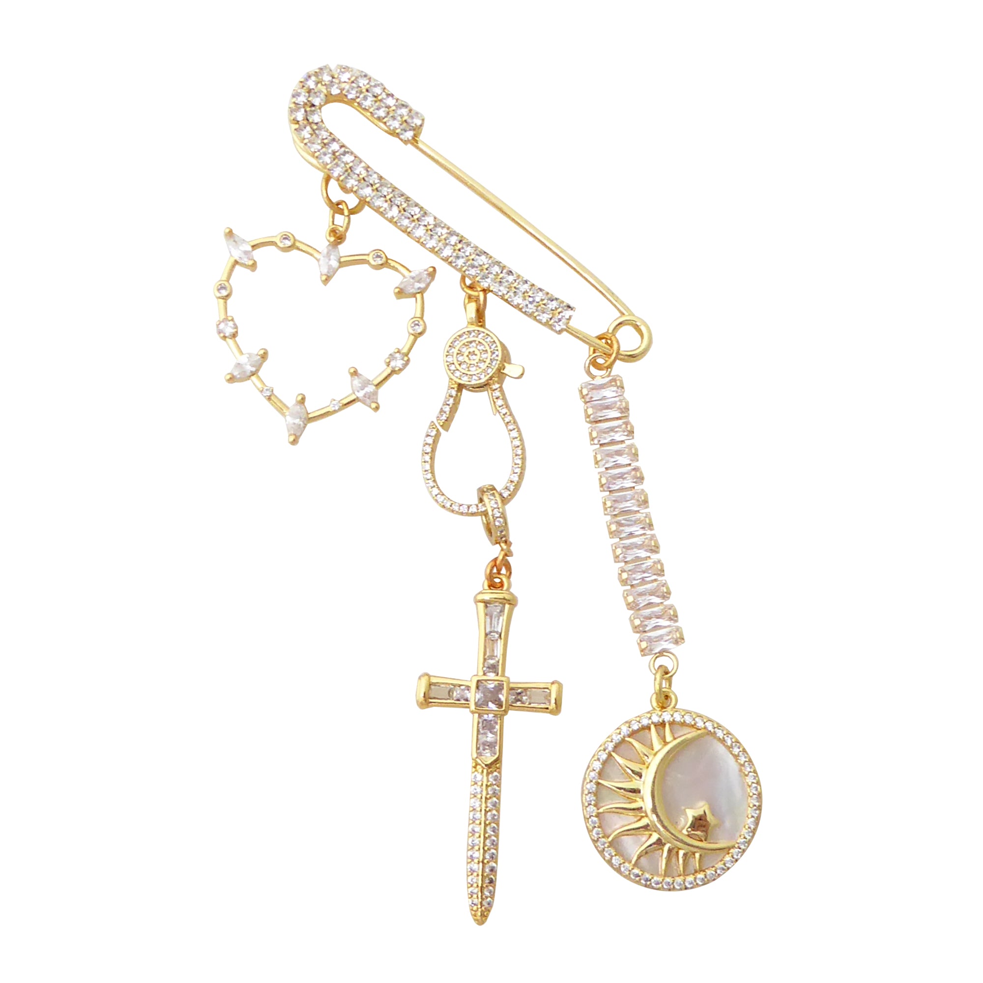 Gold rhinestone symbol heart dagger moon sword star brooch by Jenny Dayco 1
