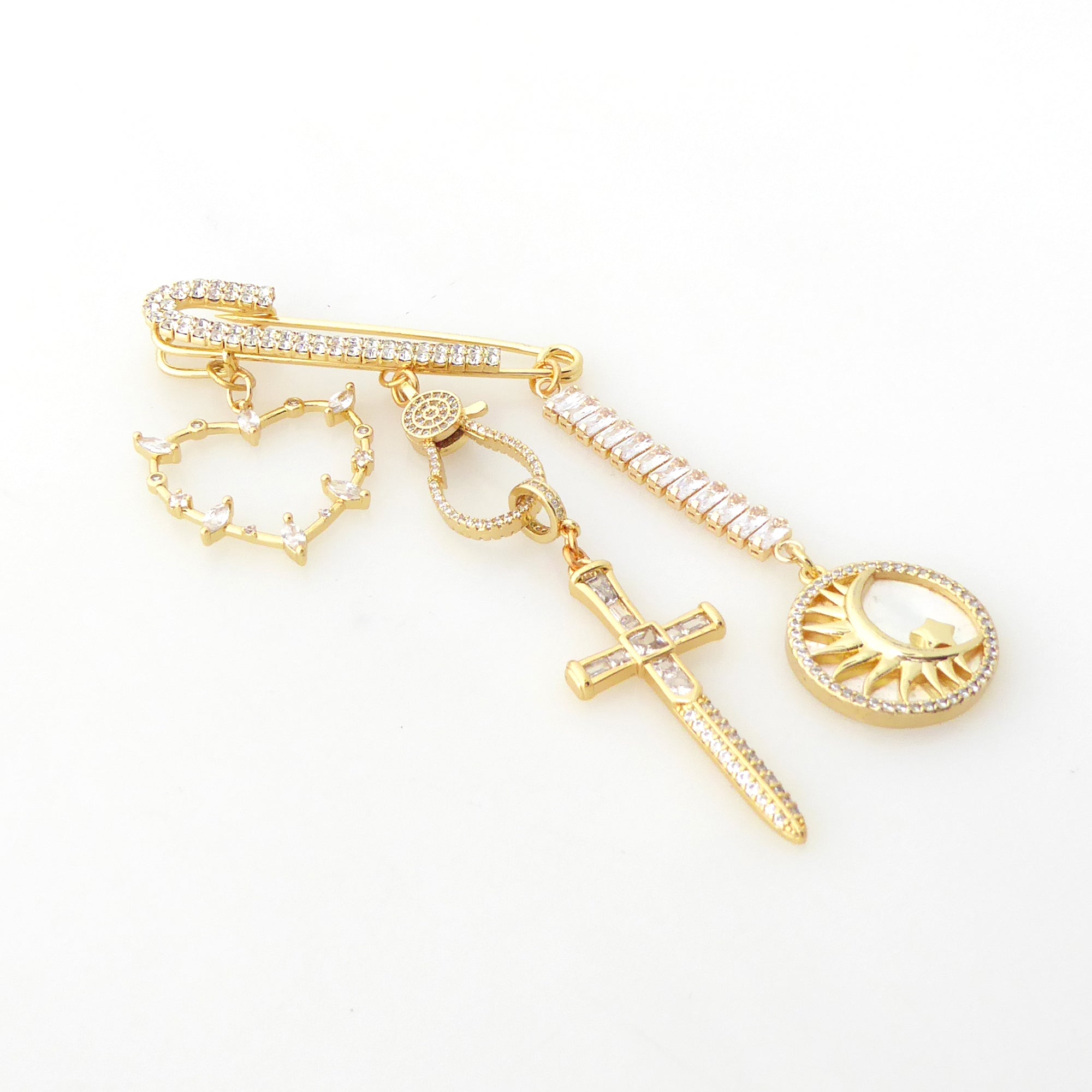 Gold rhinestone symbol heart dagger moon sword star brooch by Jenny Dayco 2