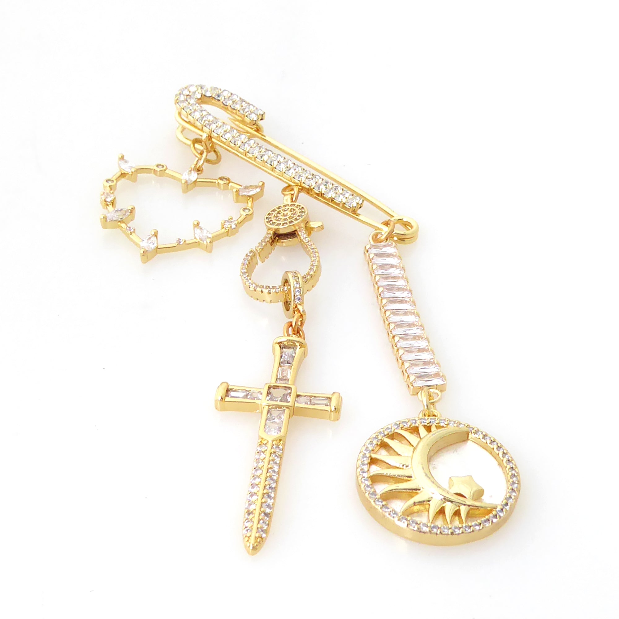 Gold rhinestone symbol heart dagger moon sword star brooch by Jenny Dayco 3
