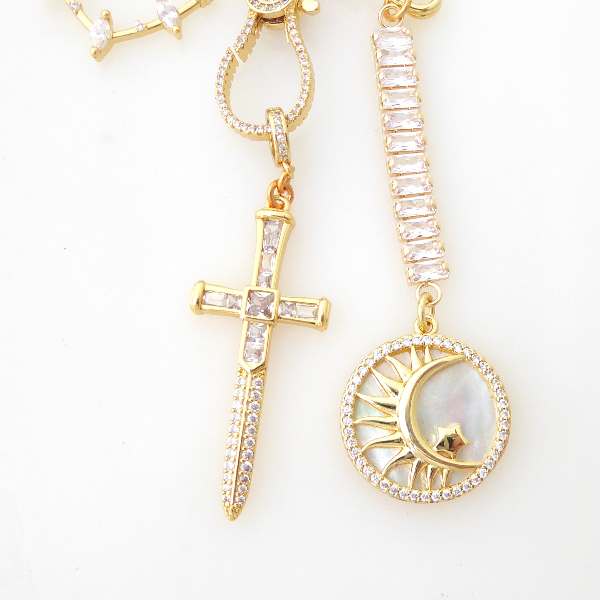 Gold rhinestone symbol heart dagger moon sword star brooch by Jenny Dayco 4