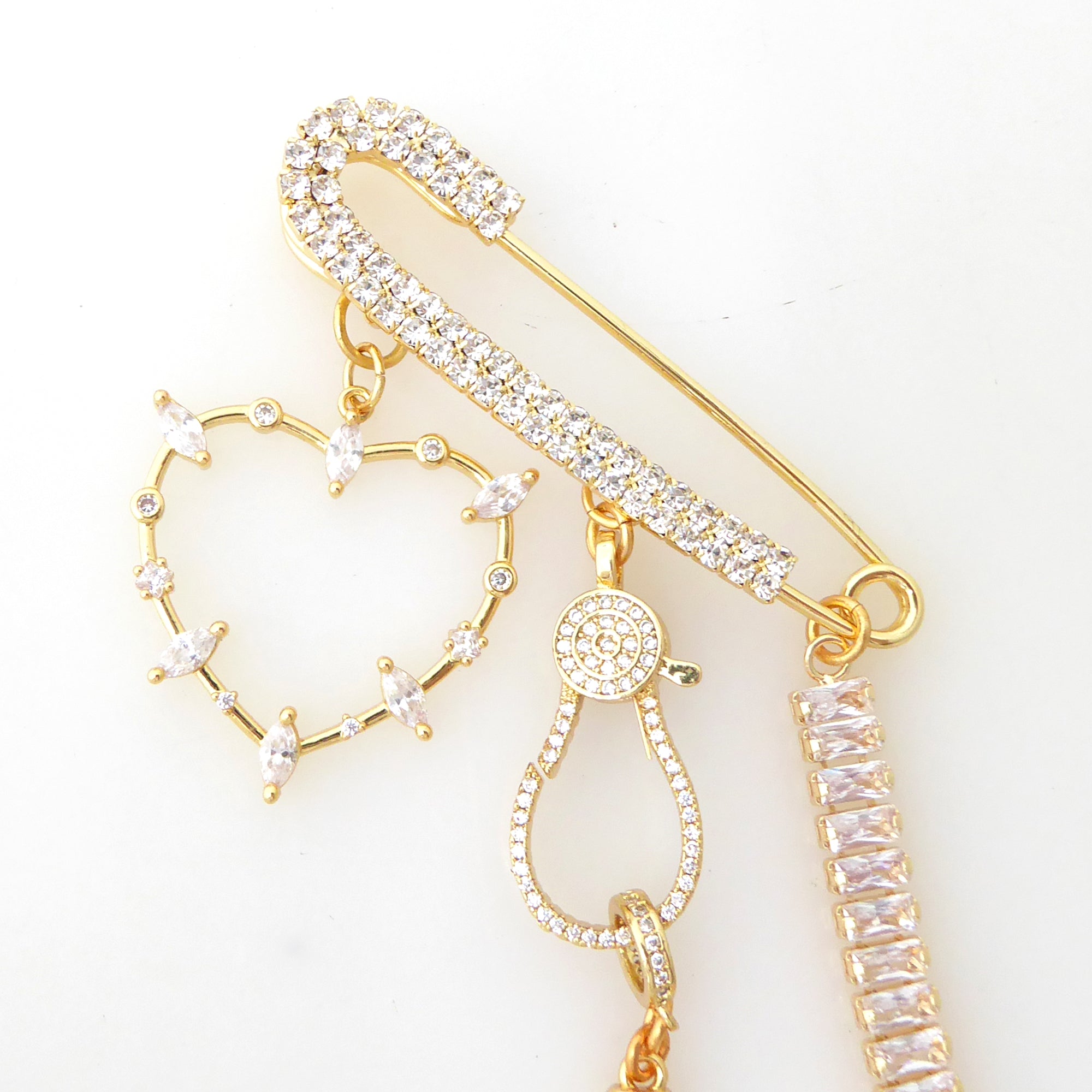 Gold rhinestone symbol heart dagger moon sword star brooch by Jenny Dayco 5
