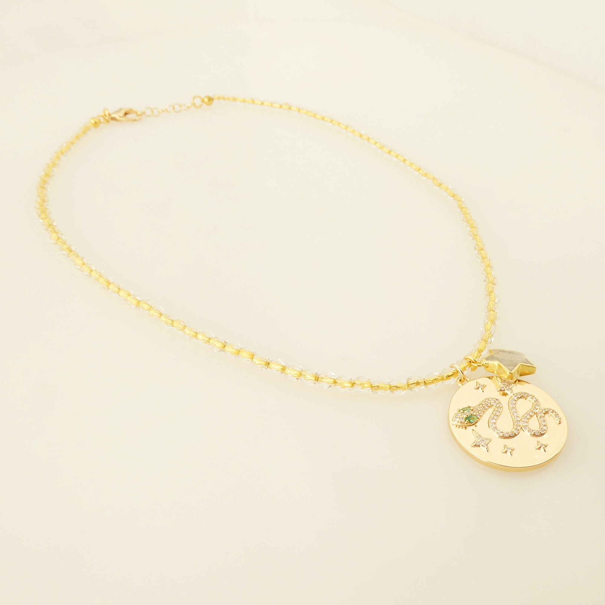 Gold snake medallion necklace by Jenny Dayco 2