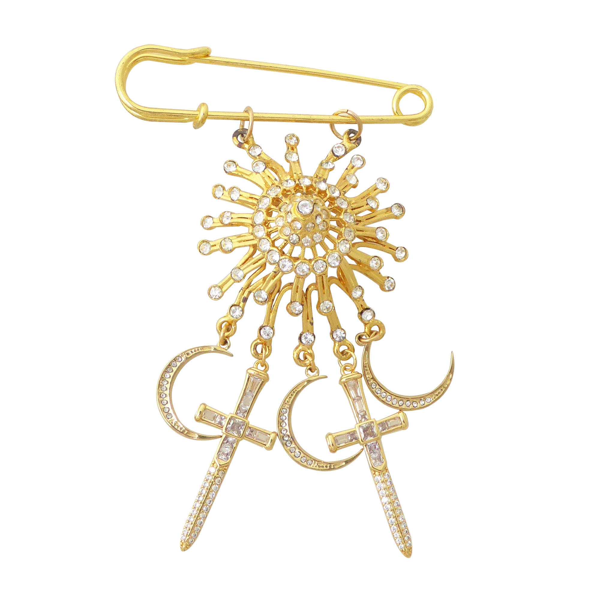 Gold suncatcher moon and dagger brooch by Jenny Dayco 1