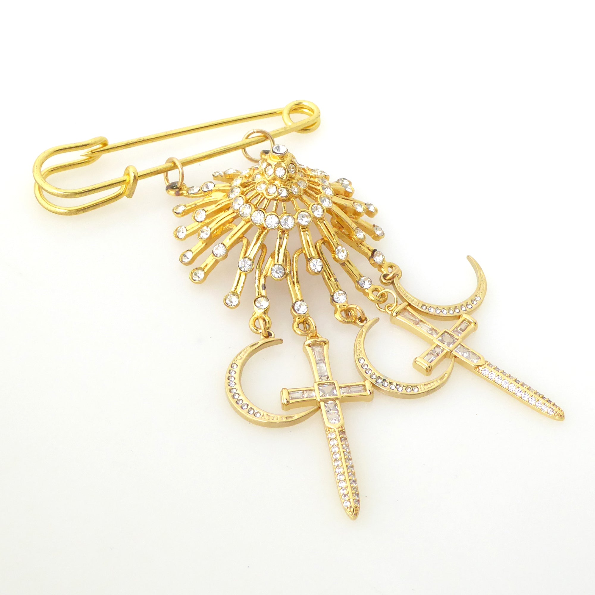 Gold suncatcher moon and dagger brooch by Jenny Dayco 2