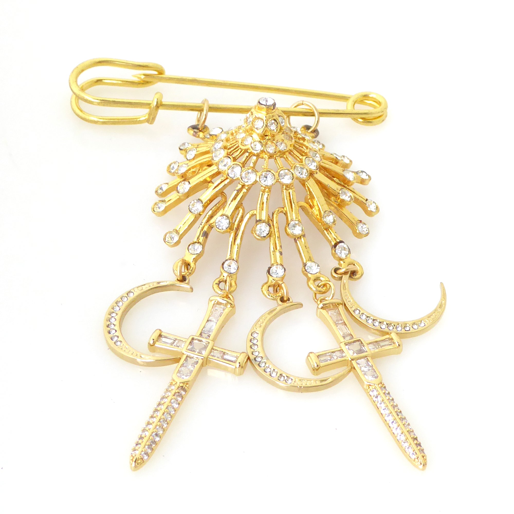 Gold suncatcher moon and dagger brooch by Jenny Dayco 3