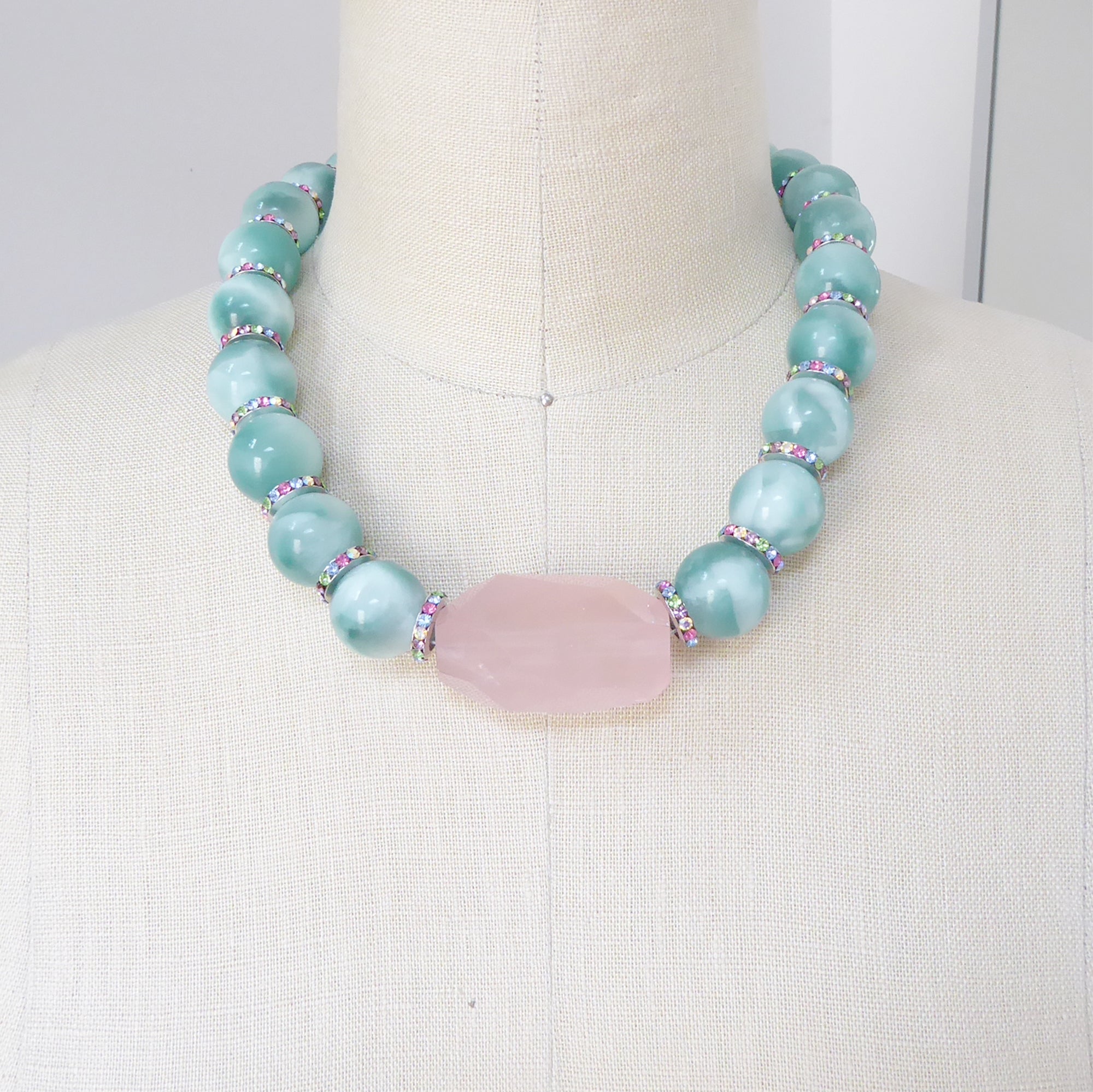Green moonstone and rose quartz necklace by Jenny Dayco 7