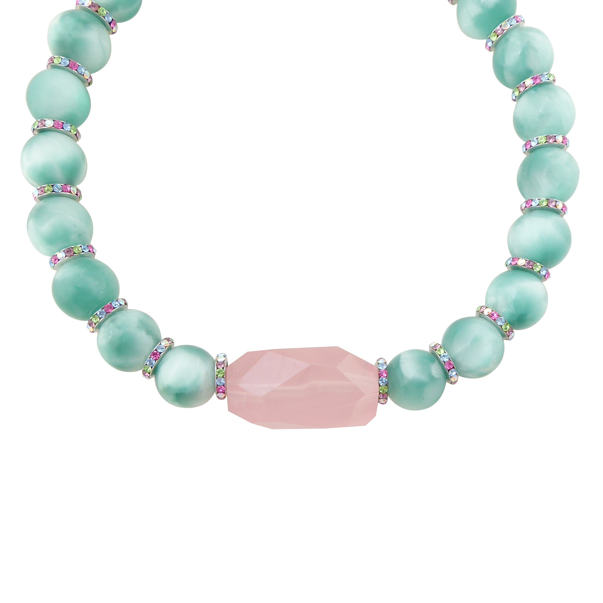 Green moonstone and rose quartz necklace by Jenny Dayco 1