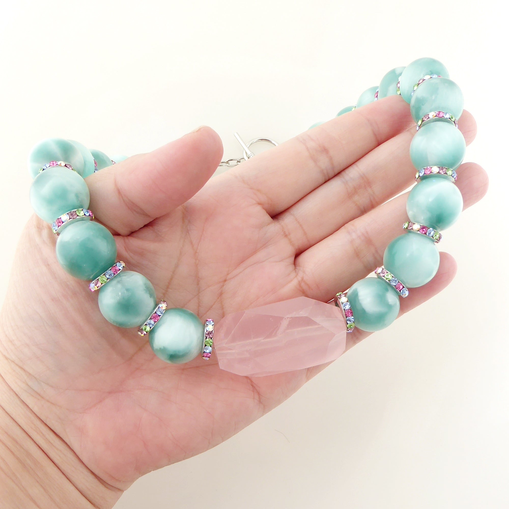 Green moonstone and rose quartz necklace by Jenny Dayco 6