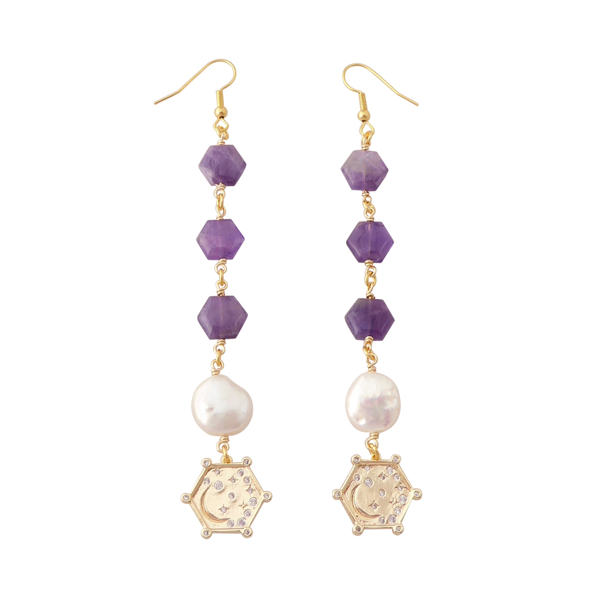Hexagon amethyst and pearl earrings by Jenny Dayco 1
